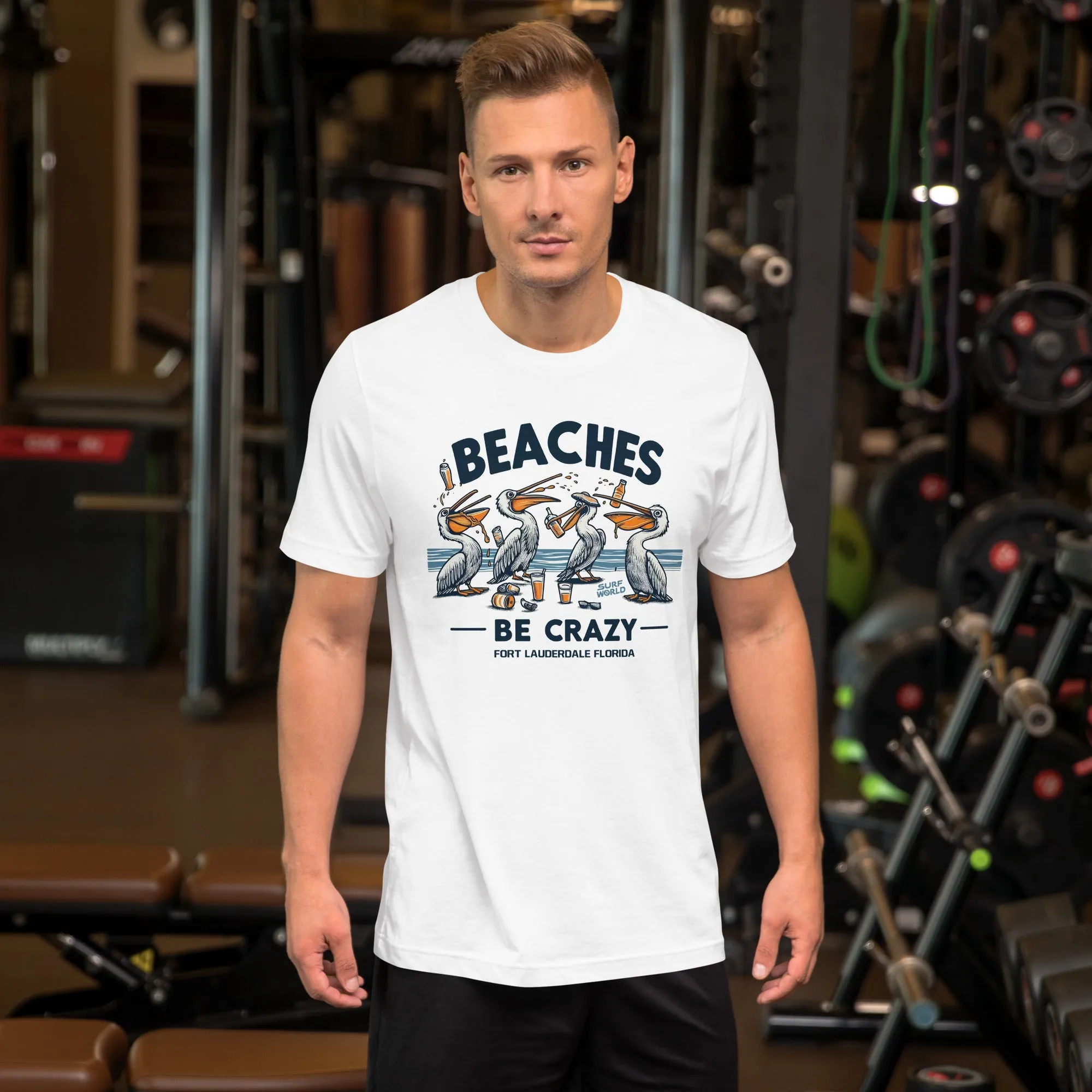 Beaches Be Crazy those crazy pelicans Surf World Tee Shirt
