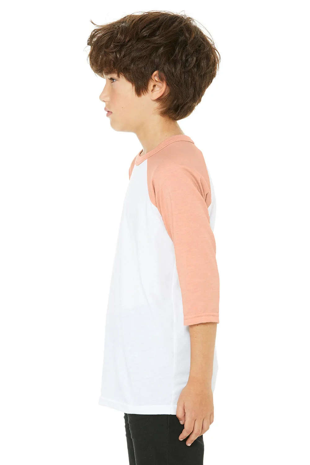 Bella   Canvas Youth 3/4 Sleeve Crewneck T-Shirt - White/Heather Peach