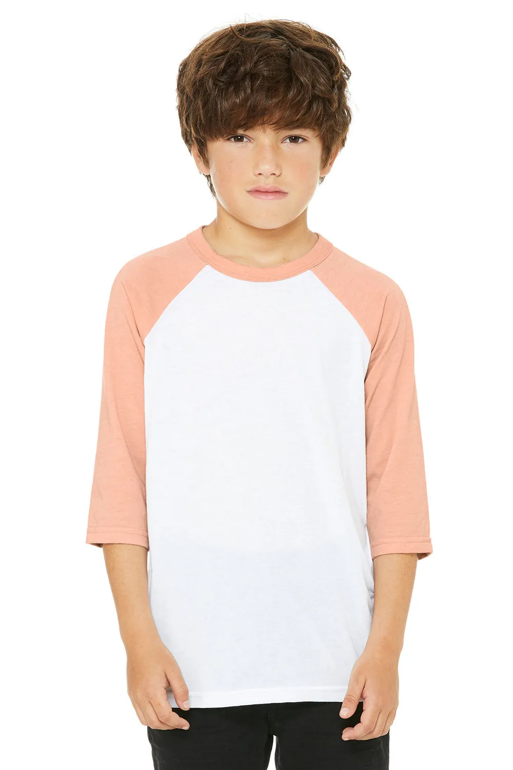 Bella   Canvas Youth 3/4 Sleeve Crewneck T-Shirt - White/Heather Peach