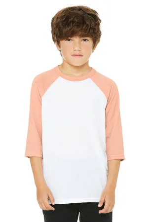 Bella   Canvas Youth 3/4 Sleeve Crewneck T-Shirt - White/Heather Peach