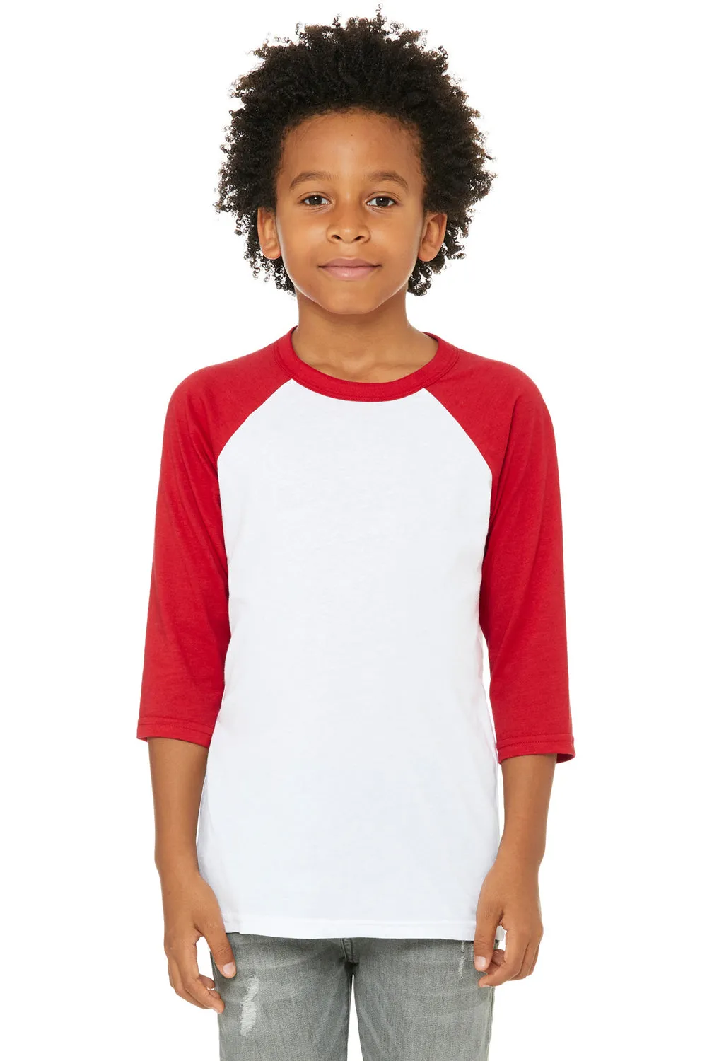 Bella   Canvas Youth 3/4 Sleeve Crewneck T-Shirt - White/Red
