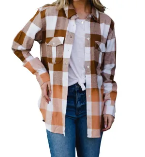 Bleached Gradient Cotton Plaid Flannel Shacket In Brown Ivory
