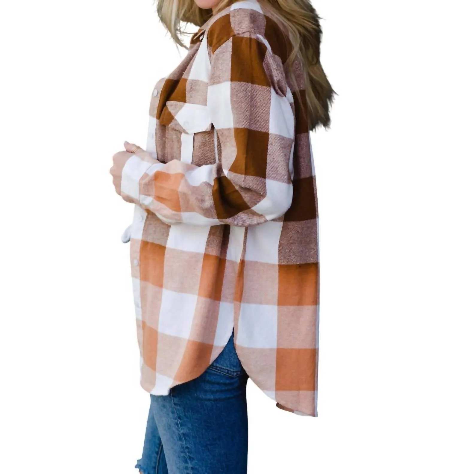 Bleached Gradient Cotton Plaid Flannel Shacket In Brown Ivory