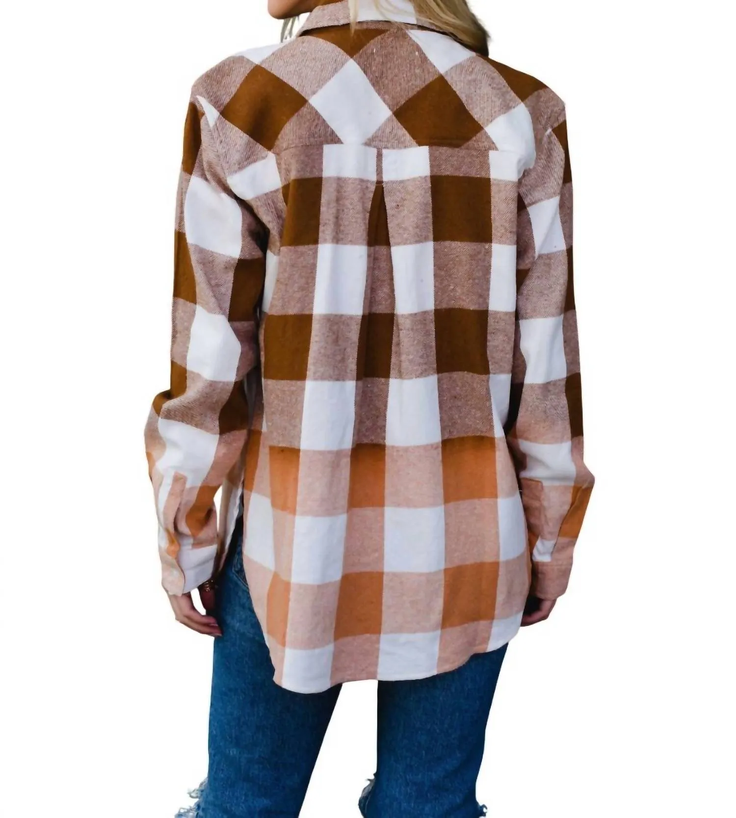 Bleached Gradient Cotton Plaid Flannel Shacket In Brown Ivory