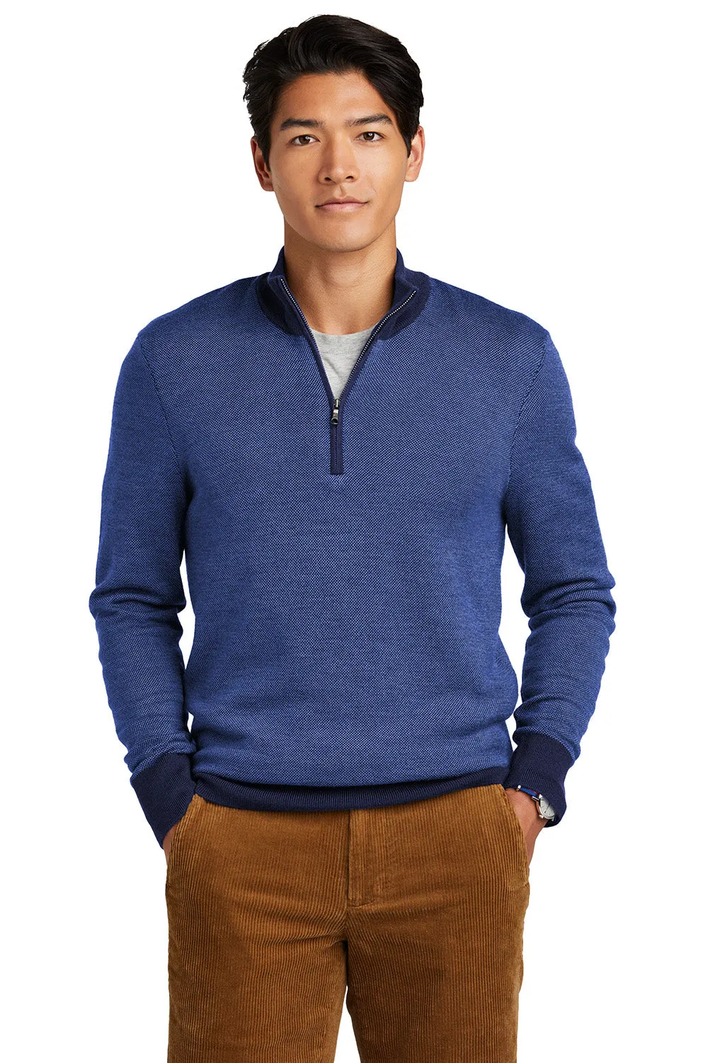 Brooks Brothers Mens Merino Birdseye Long Sleeve 1/4 Zip Sweater - Navy Blue/Compass Blue