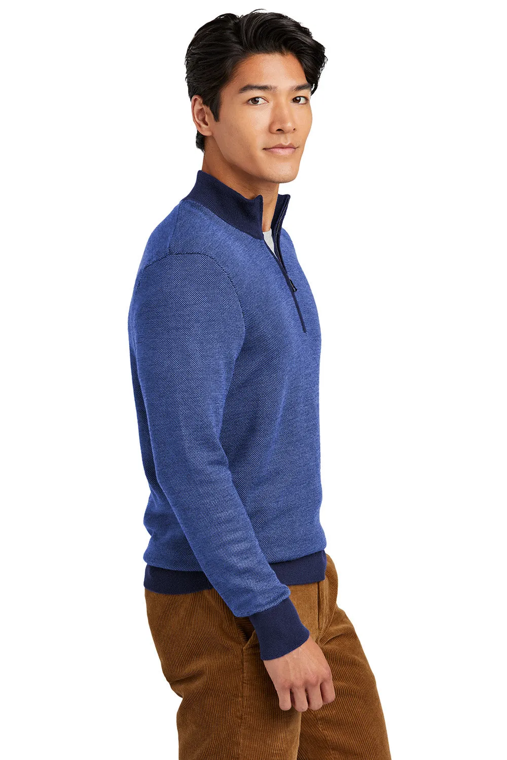 Brooks Brothers Mens Merino Birdseye Long Sleeve 1/4 Zip Sweater - Navy Blue/Compass Blue