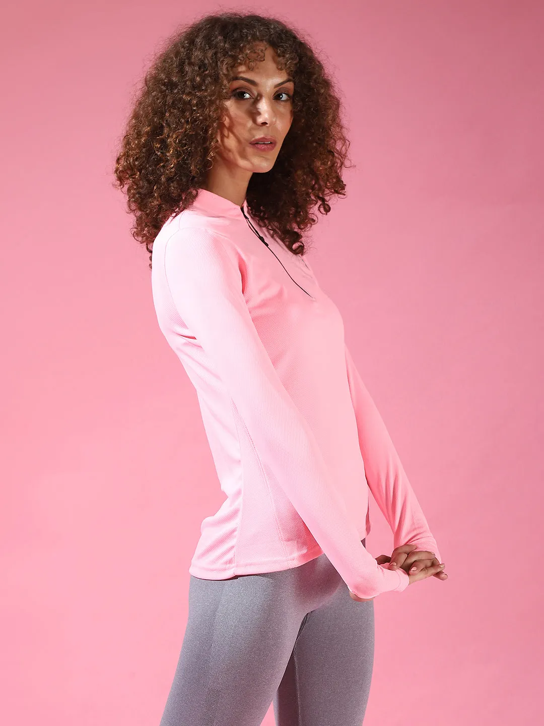 Campus Sutra Solid Women Mandarin Collar Stylish Pink Sports T-Shirt