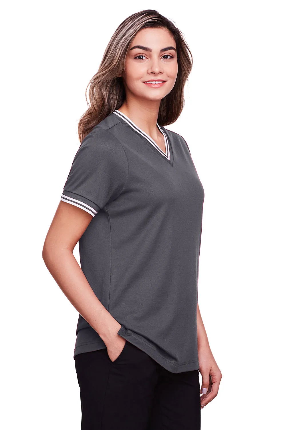 Devon & Jones Womens CrownLux Performance Moisture Wicking Short Sleeve Polo Shirt - Graphite Grey/White
