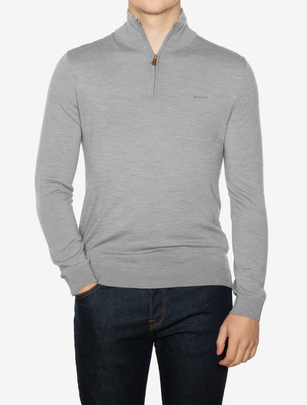Extra Fine Merino Wool Half Zip Grey Melange