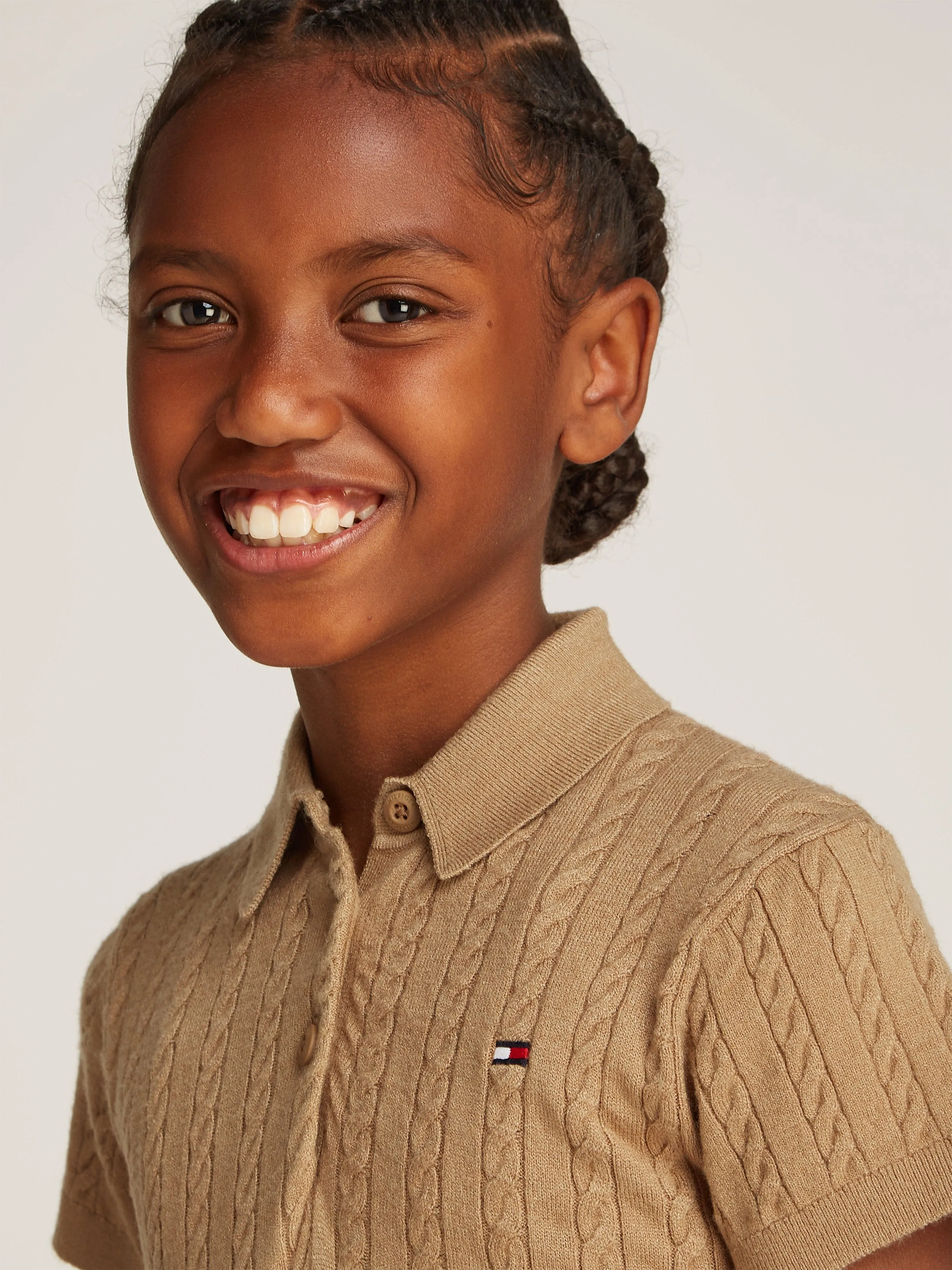 Girls Cable Knit Polo Dress in Brown