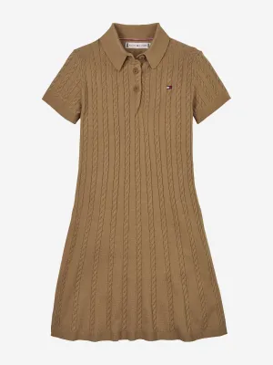 Girls Cable Knit Polo Dress in Brown