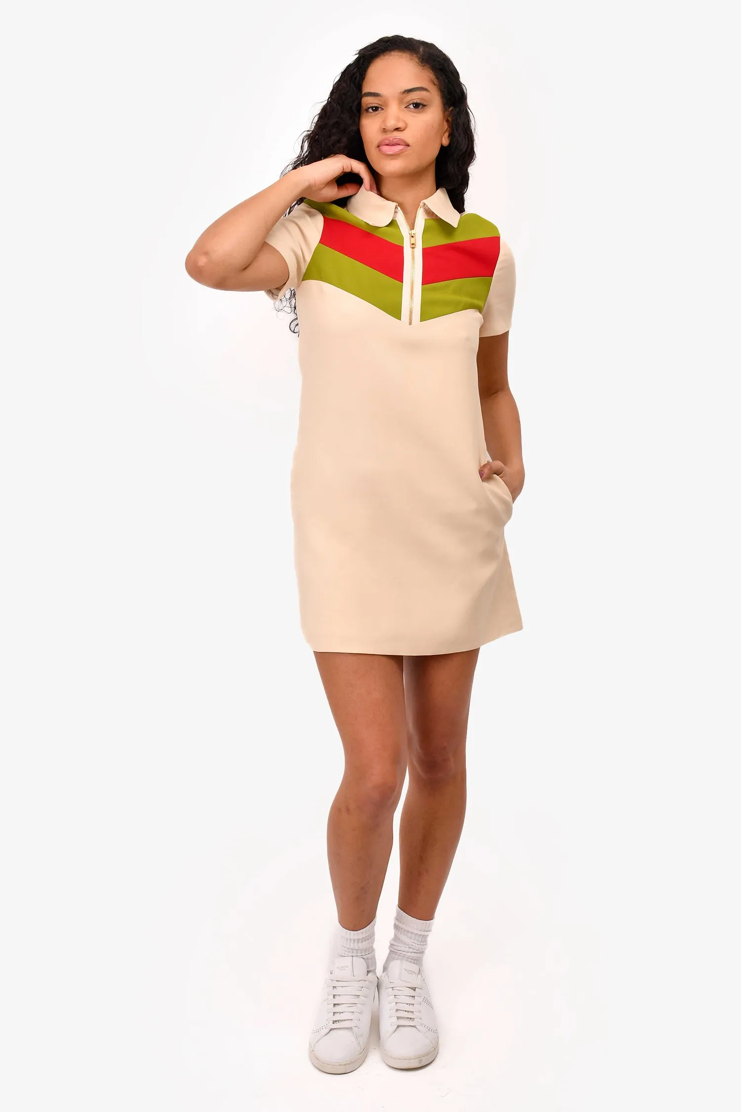 Gucci Cream Chevron Striped Polo 3/4 Zip Dress Size 36