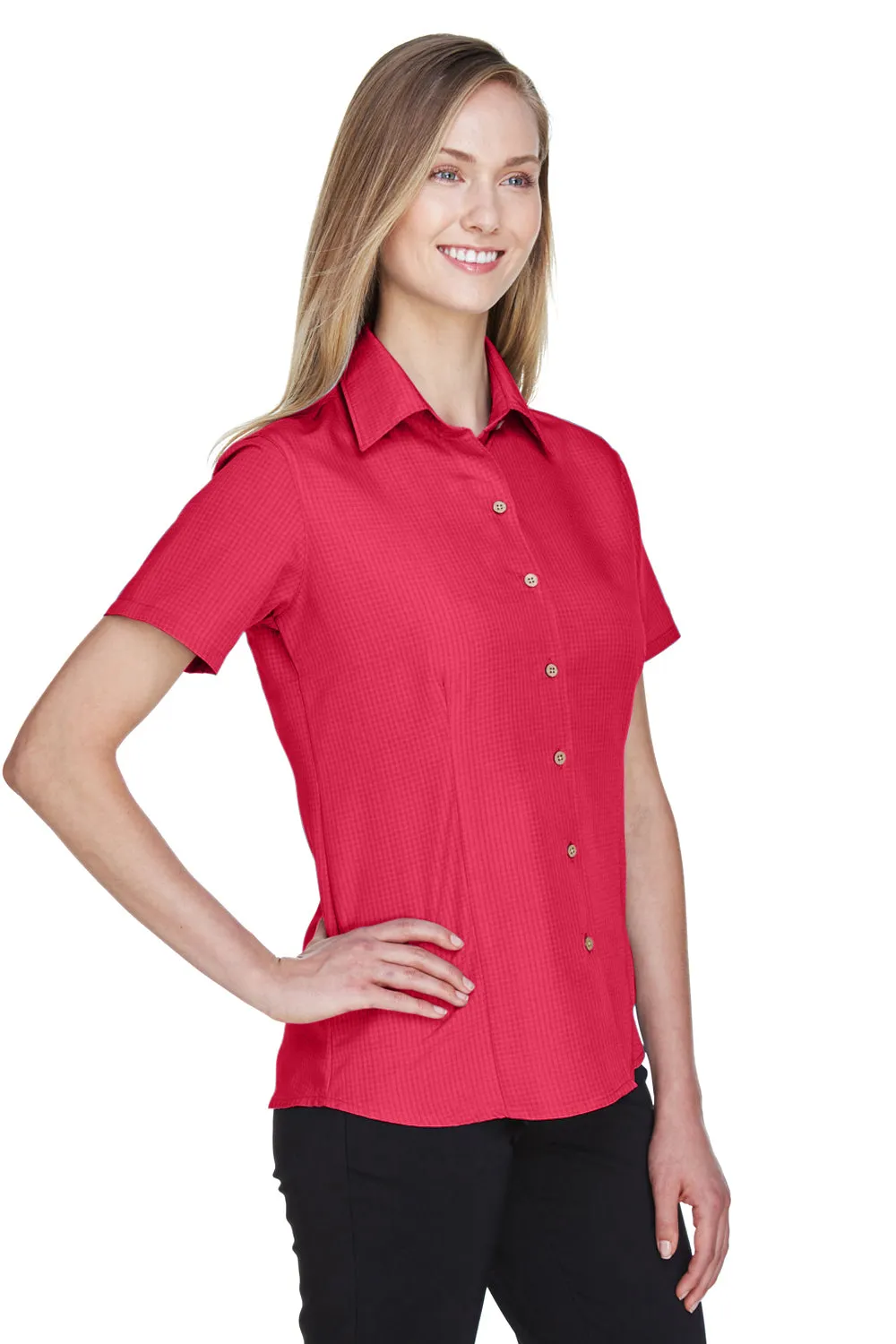 Harriton Womens Barbados Wrinkle Resistant Short Sleeve Button Down Camp Shirt - Parrot Red