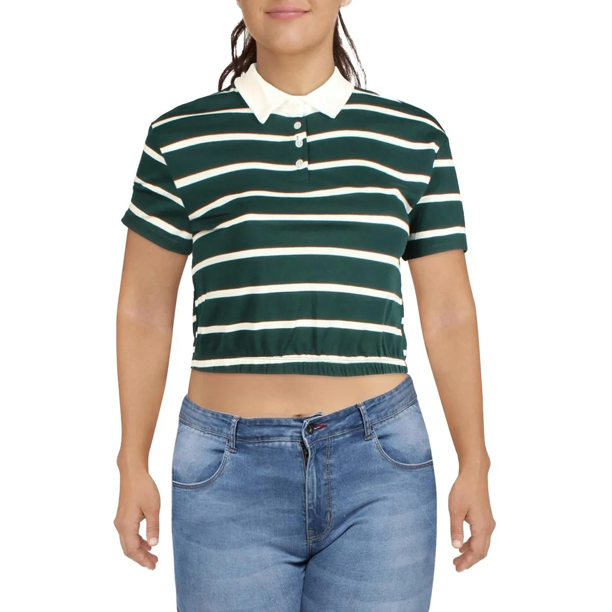 Juniors Womens Cropped Striped Polo Top