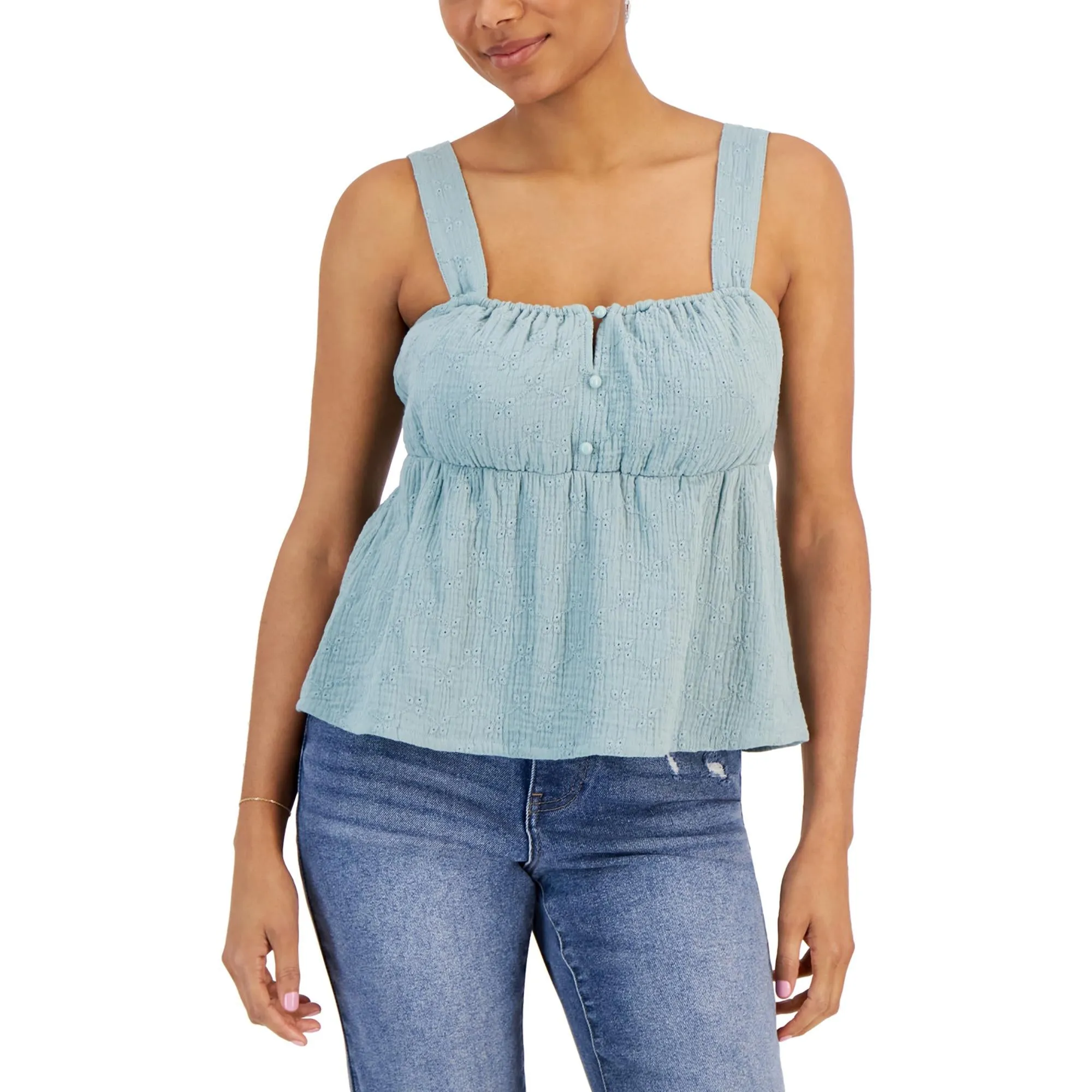 Juniors Womens Sleeveless Eyelet Peplum Top