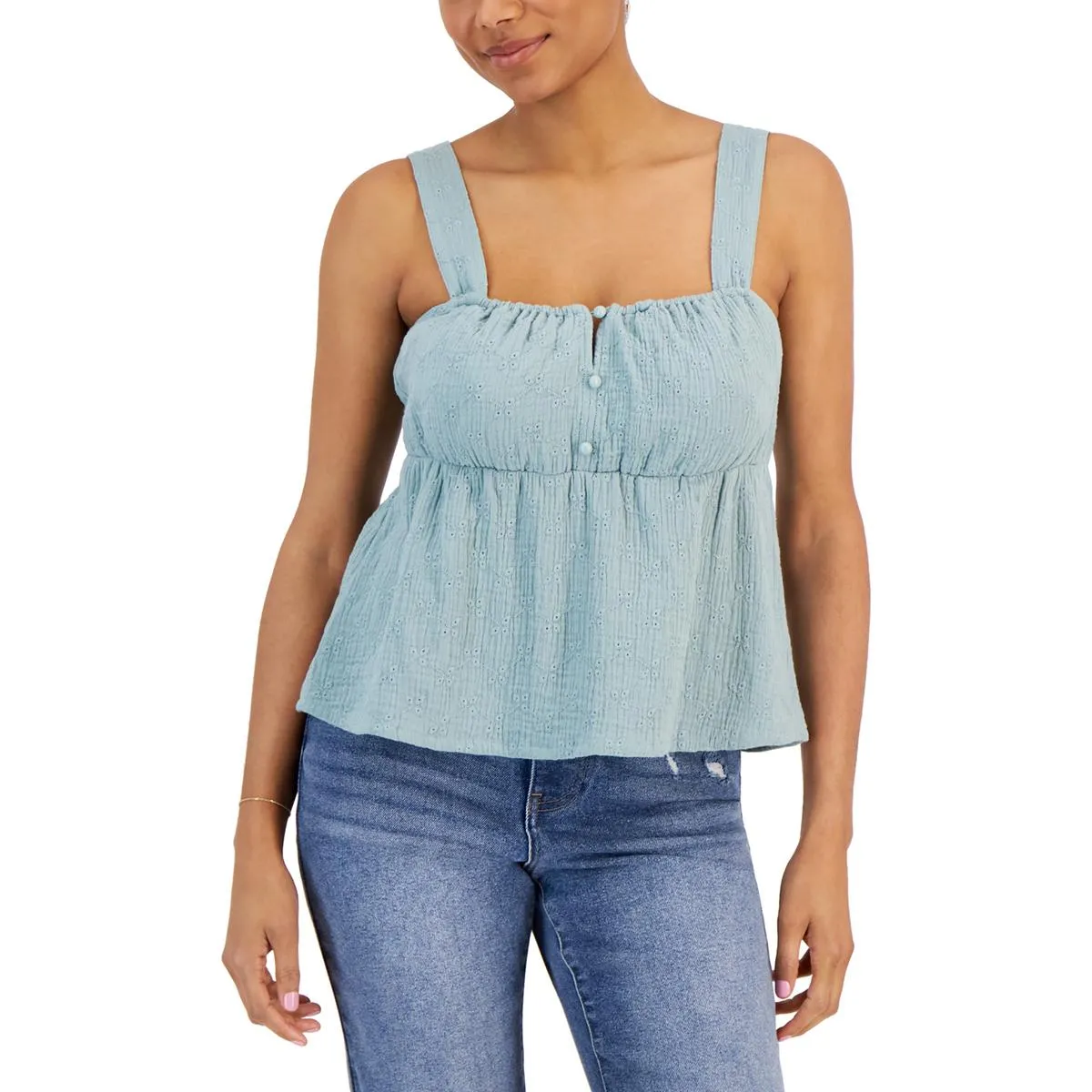 Juniors Womens Sleeveless Eyelet Peplum Top