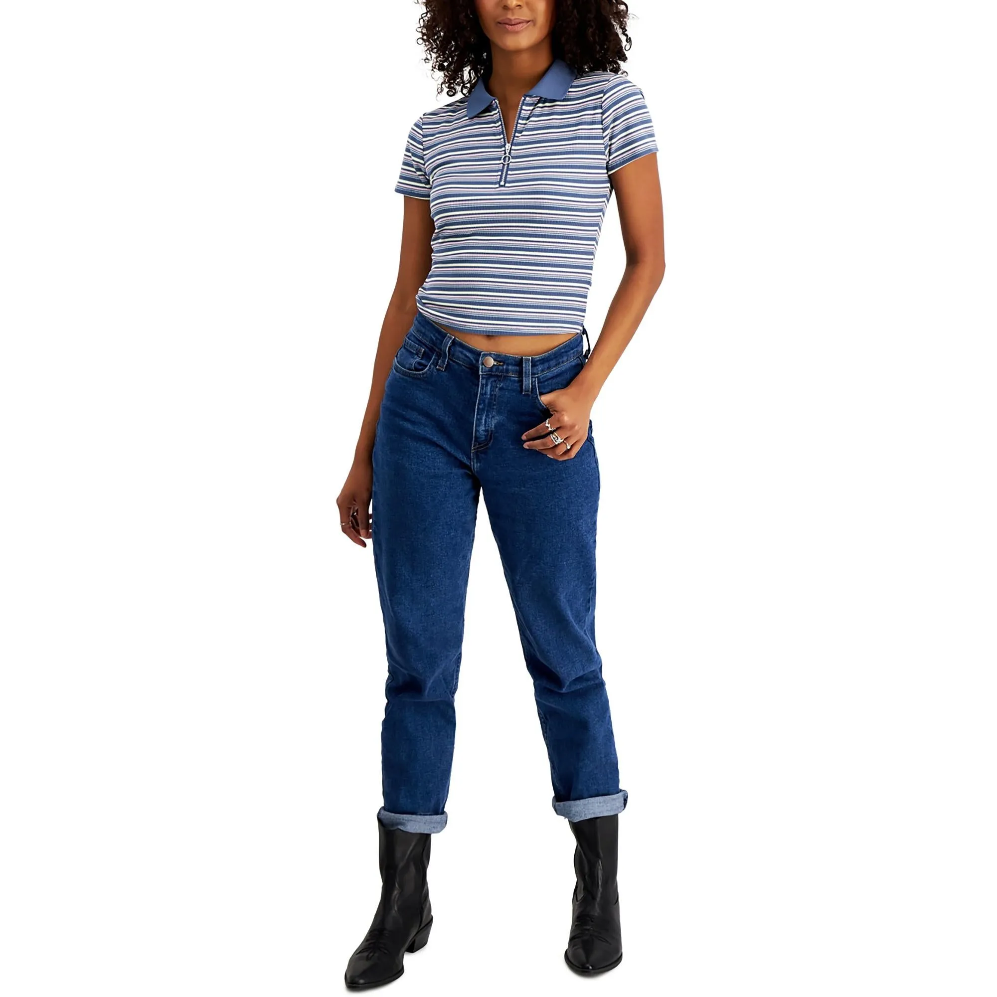 Juniors Womens Striped Polyester Polo Top