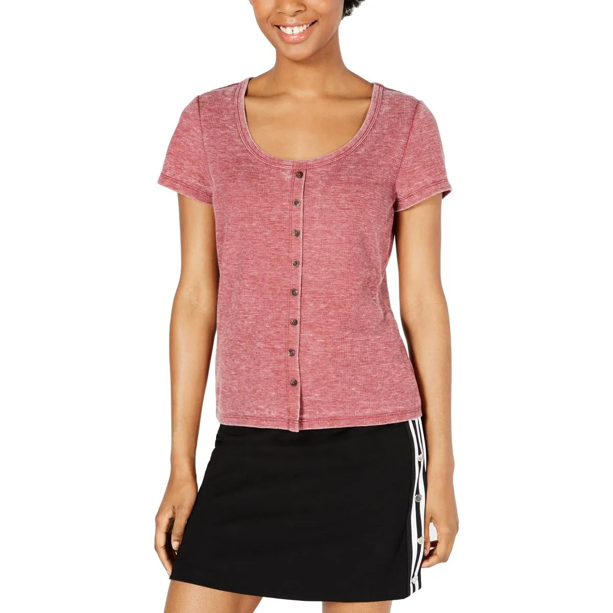 Juniors Womens Waffle Knit Floral T-Shirt