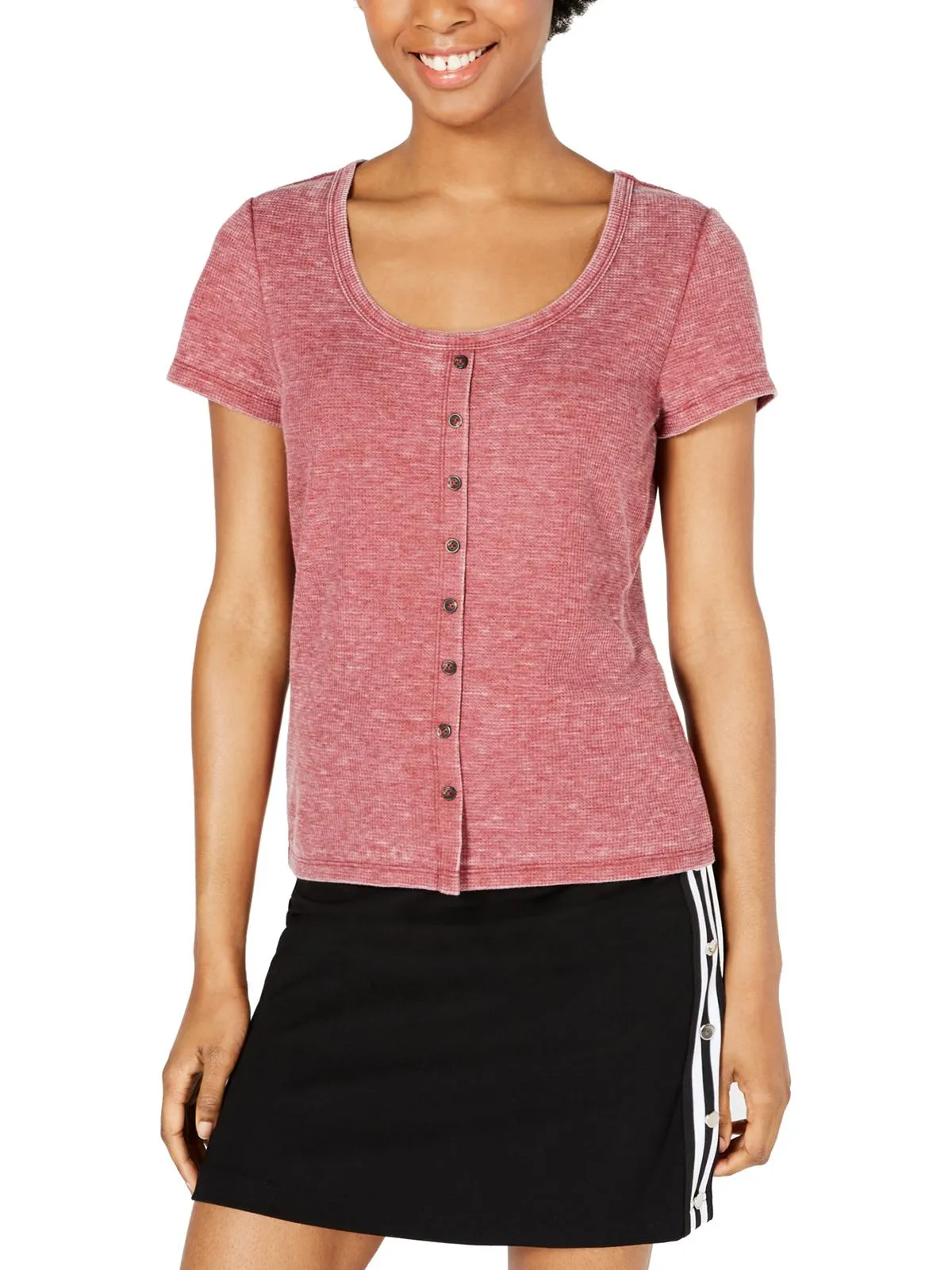 Juniors Womens Waffle Knit Floral T-Shirt