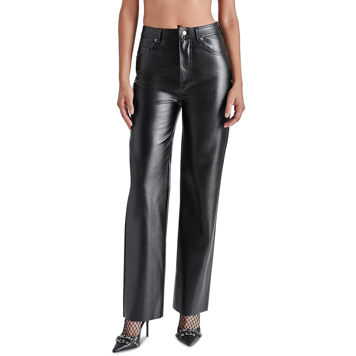 Loren Womens Faux Leather Mid-Rise Straight Leg Pants
