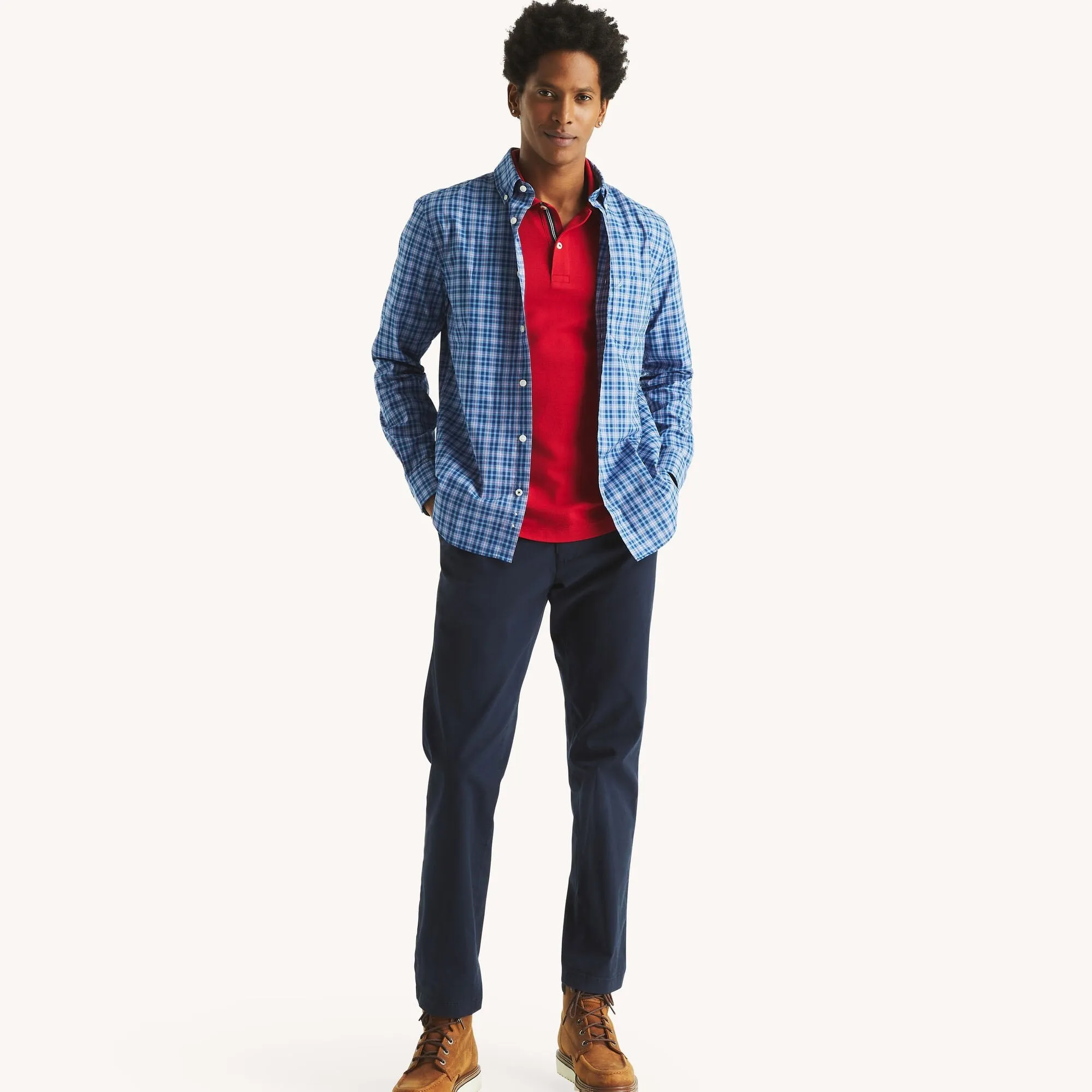 Nautica Mens Slim Fit Wrinkle-Resistant Plaid Wear To Work Shirt