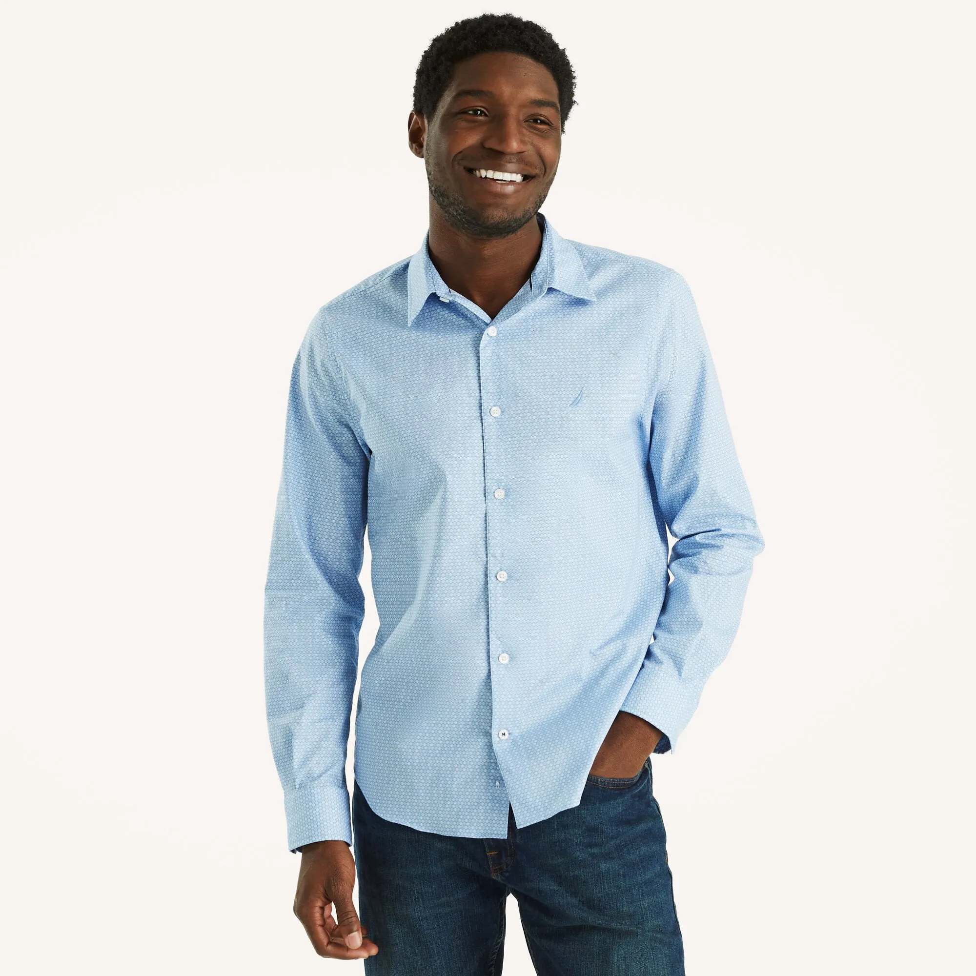 Nautica Mens Slim Fit Wrinkle-Resistant Printed Wear To Work Shirt