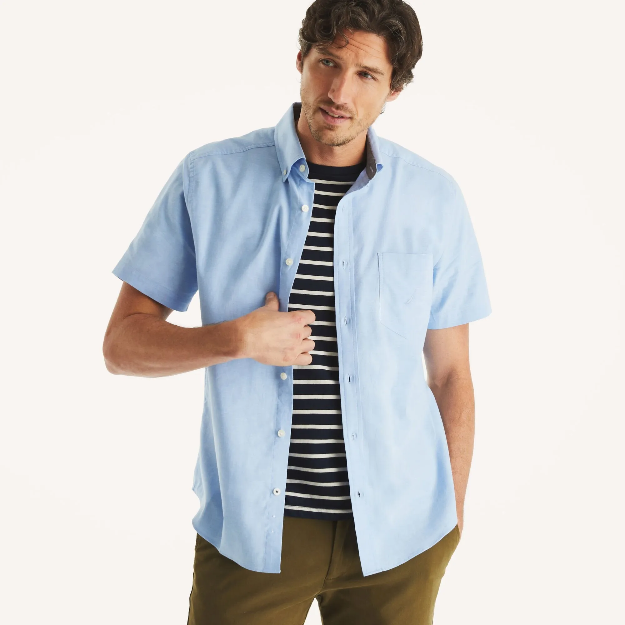 Nautica Mens Solid Oxford Short-Sleeve Shirt