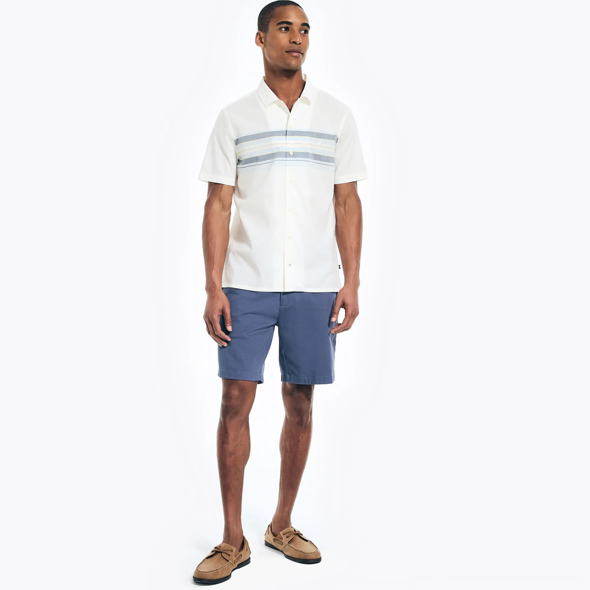Nautica Mens Sustainably Crafted Chest-Stripe Short-Sleeve Camp Shirt