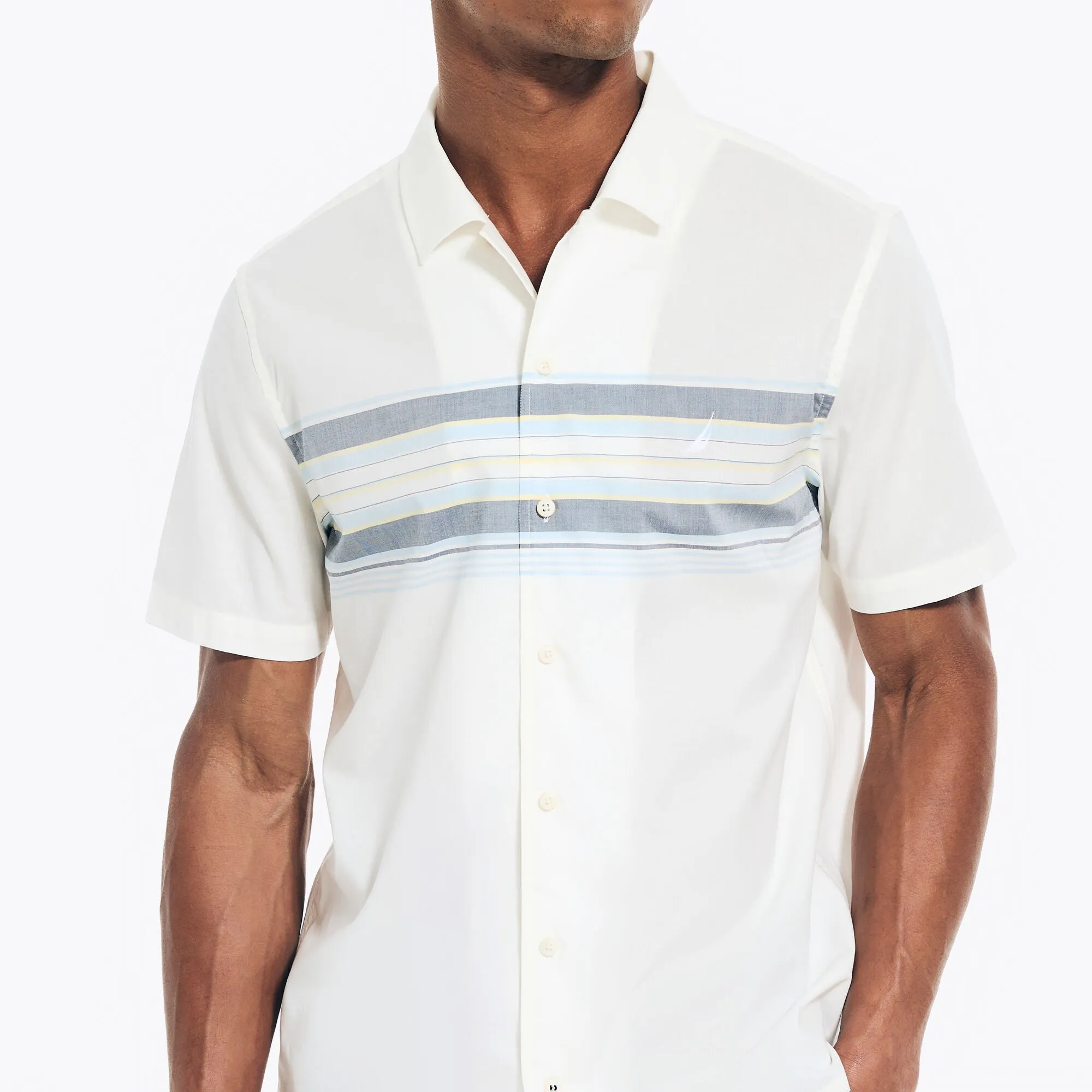 Nautica Mens Sustainably Crafted Chest-Stripe Short-Sleeve Camp Shirt