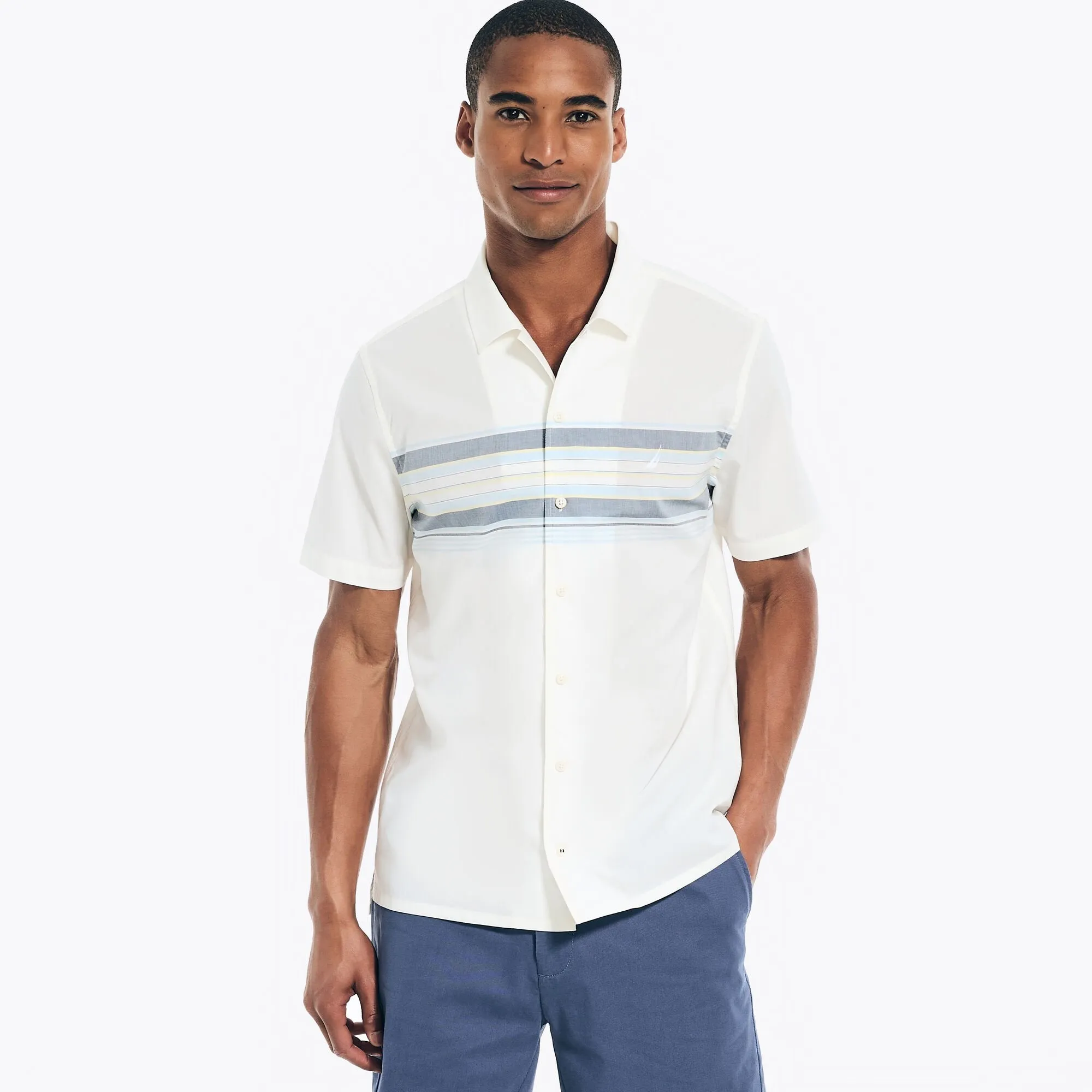Nautica Mens Sustainably Crafted Chest-Stripe Short-Sleeve Camp Shirt