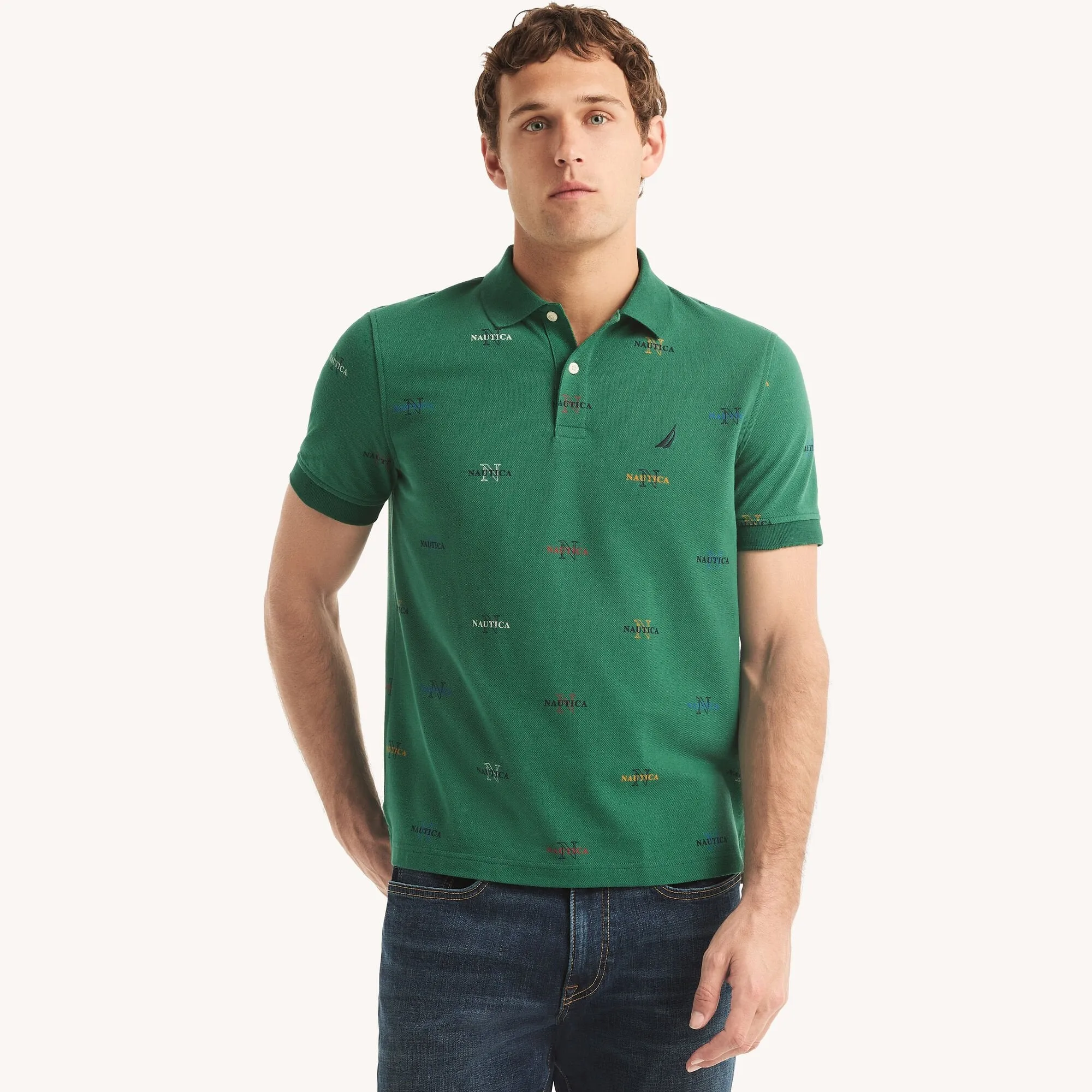 Nautica Mens Sustainably Crafted Classic Fit Printed Deck Polo