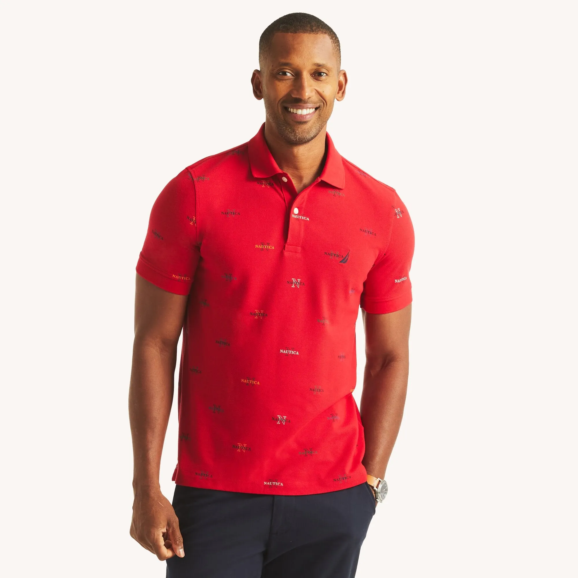Nautica Mens Sustainably Crafted Classic Fit Printed Deck Polo