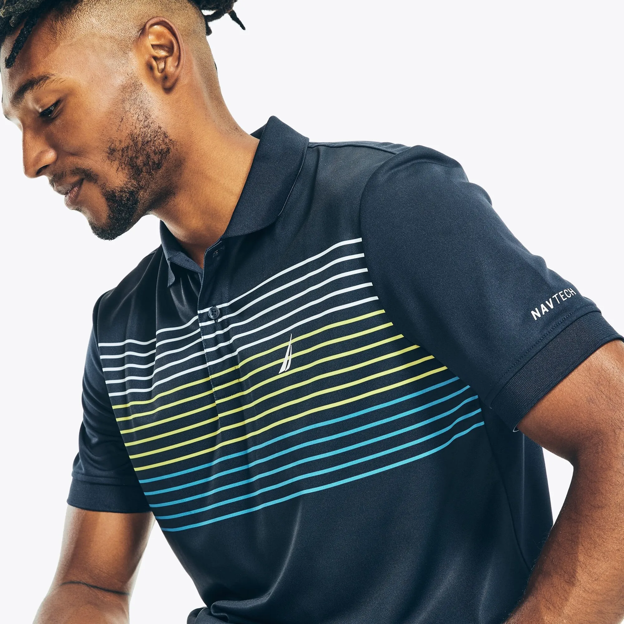 Nautica Mens Sustainably Crafted Navtech Striped Classic Fit Polo