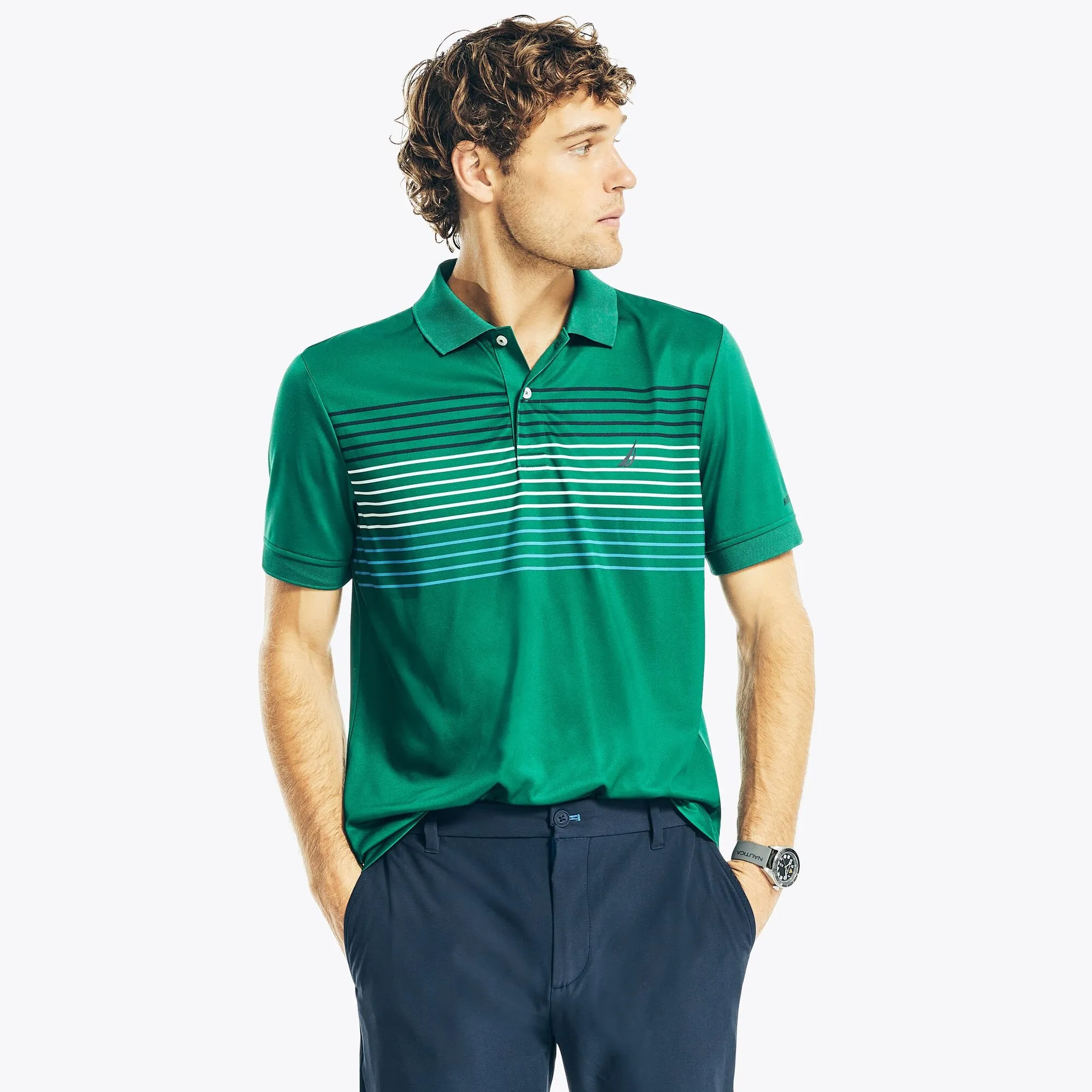 Nautica Mens Sustainably Crafted Navtech Striped Classic Fit Polo