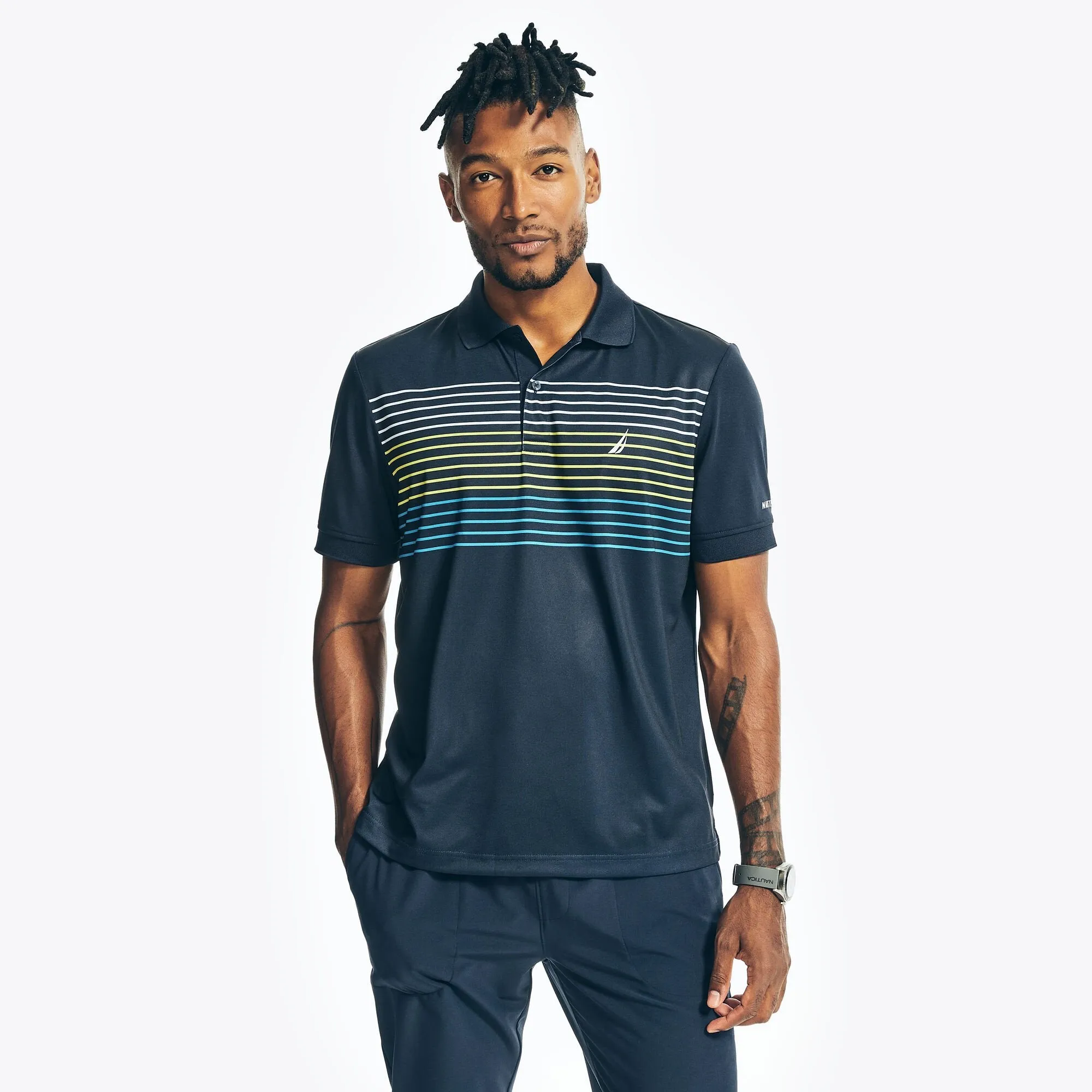Nautica Mens Sustainably Crafted Navtech Striped Classic Fit Polo