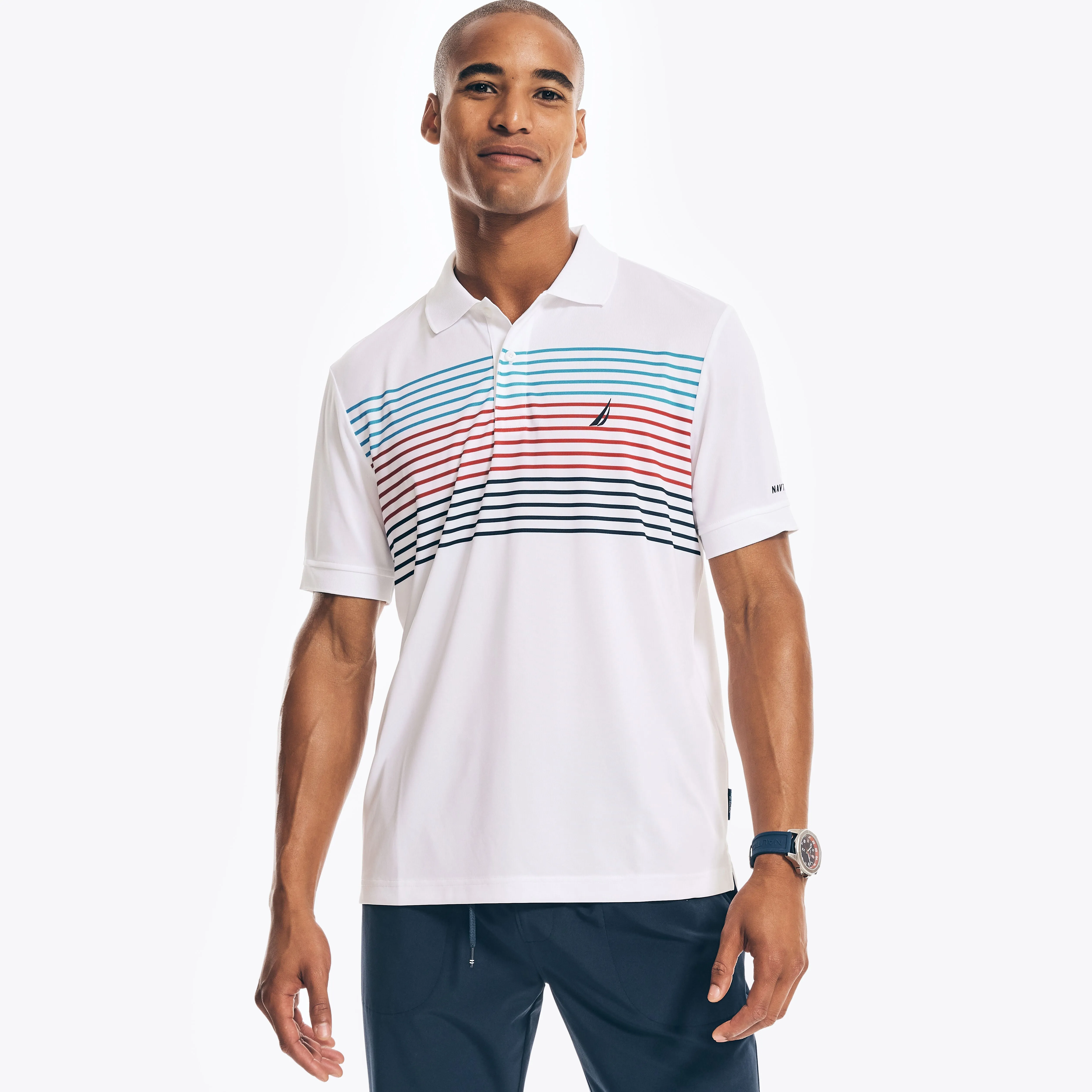 Nautica Mens Sustainably Crafted Navtech Striped Classic Fit Polo