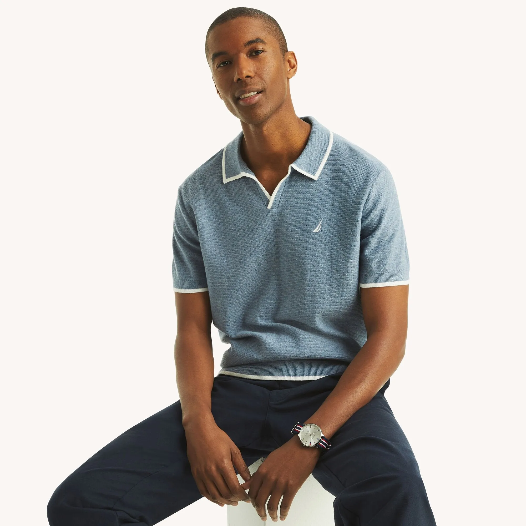 Nautica Mens Tipped Textured Sweater Polo
