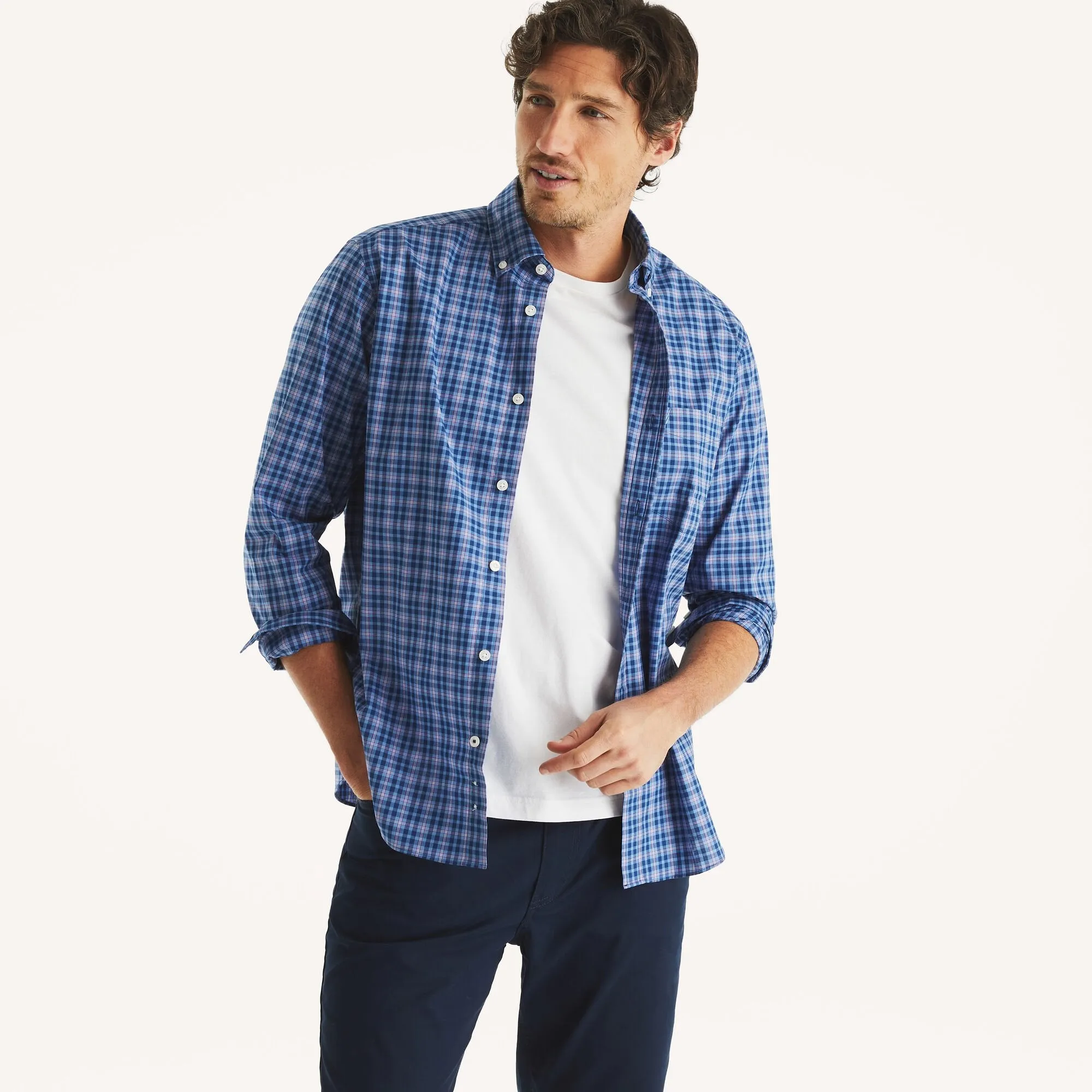 Nautica Mens Wrinkle-Resistant Plaid Wear To Work Shirt