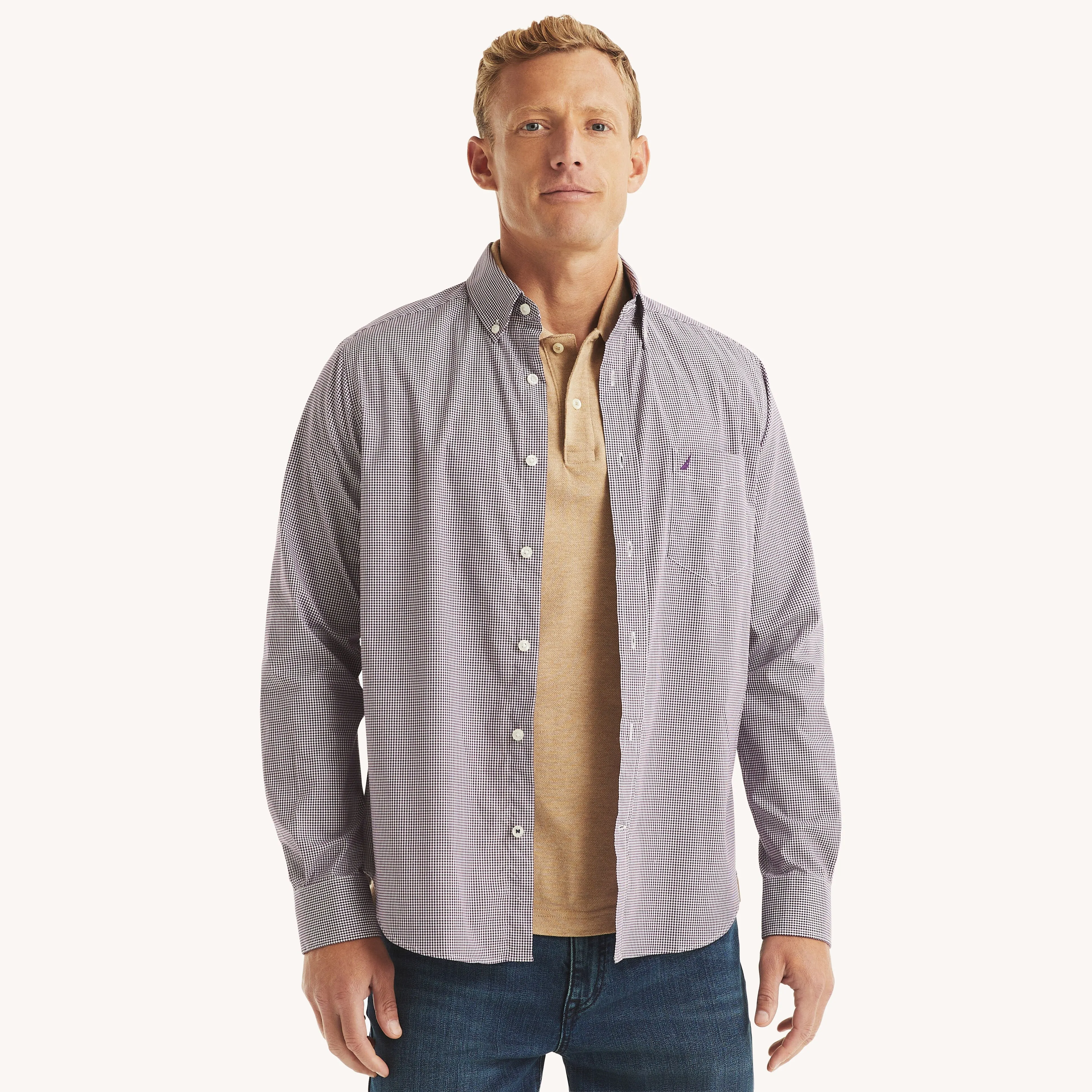 Nautica Mens Wrinkle-Resistant Plaid Wear To Work Shirt