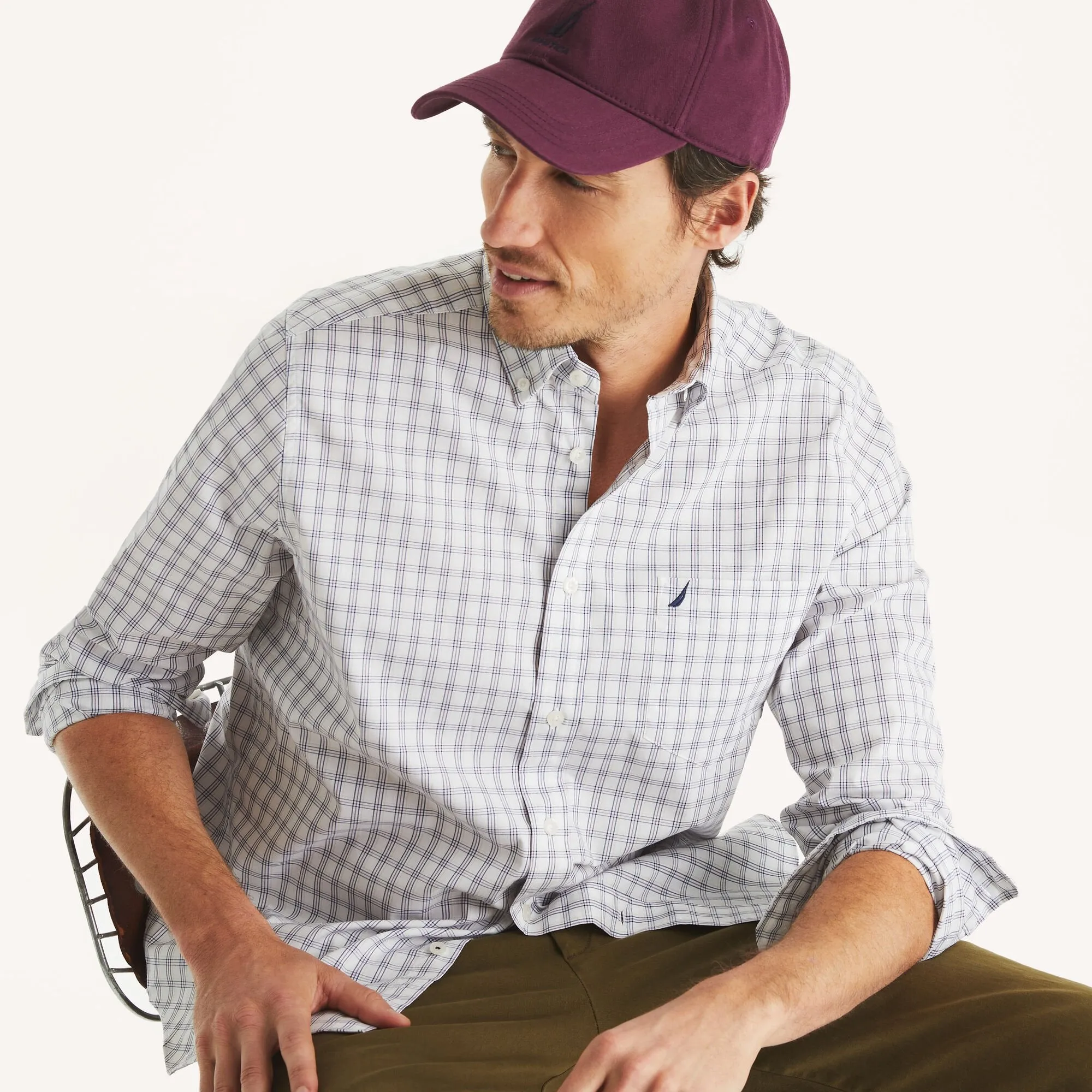 Nautica Mens Wrinkle-Resistant Plaid Wear To Work Shirt