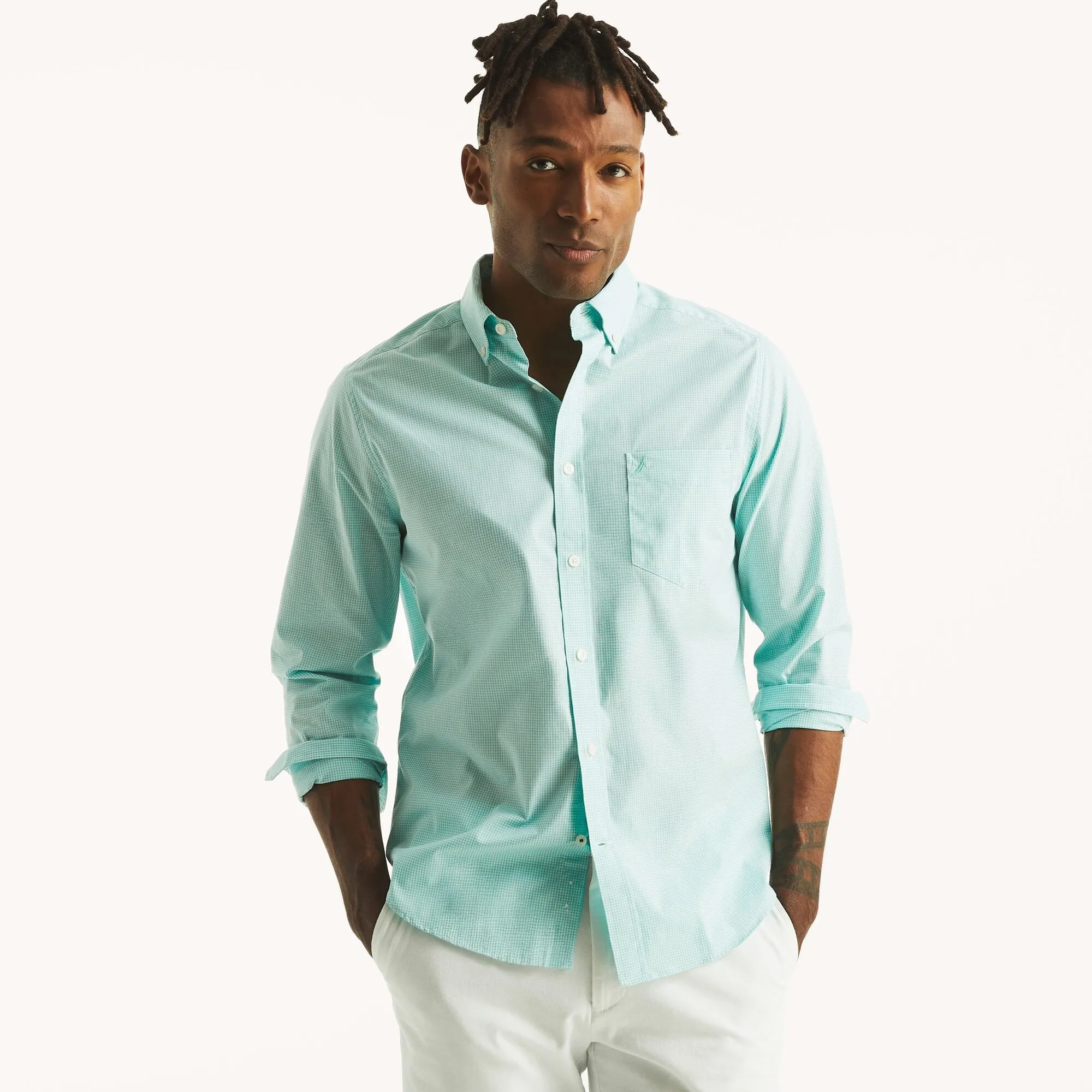 Nautica Mens Wrinkle-Resistant Plaid Wear To Work Shirt