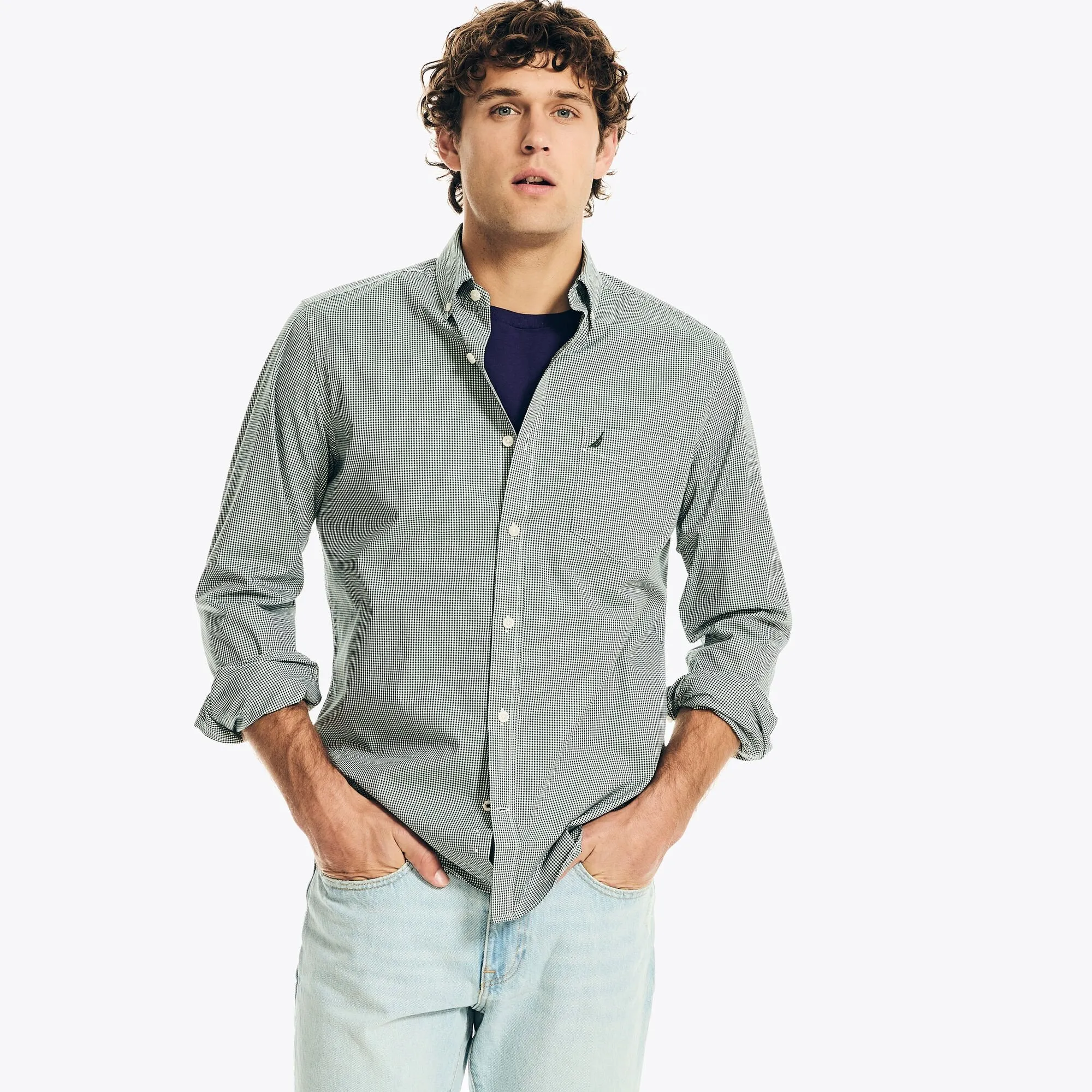 Nautica Mens Wrinkle-Resistant Plaid Wear To Work Shirt
