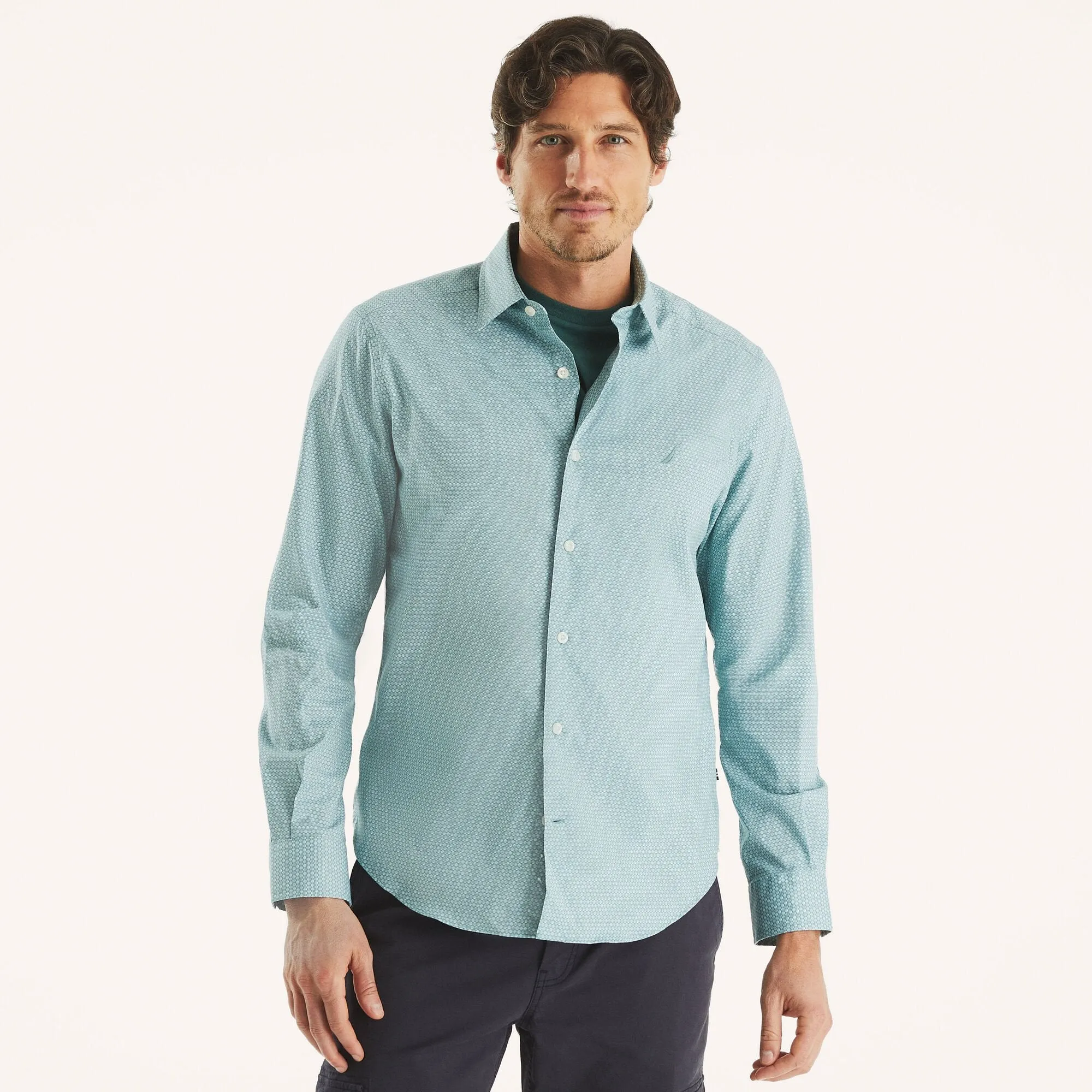 Nautica Mens Wrinkle-Resistant Printed Wear To Work Shirt