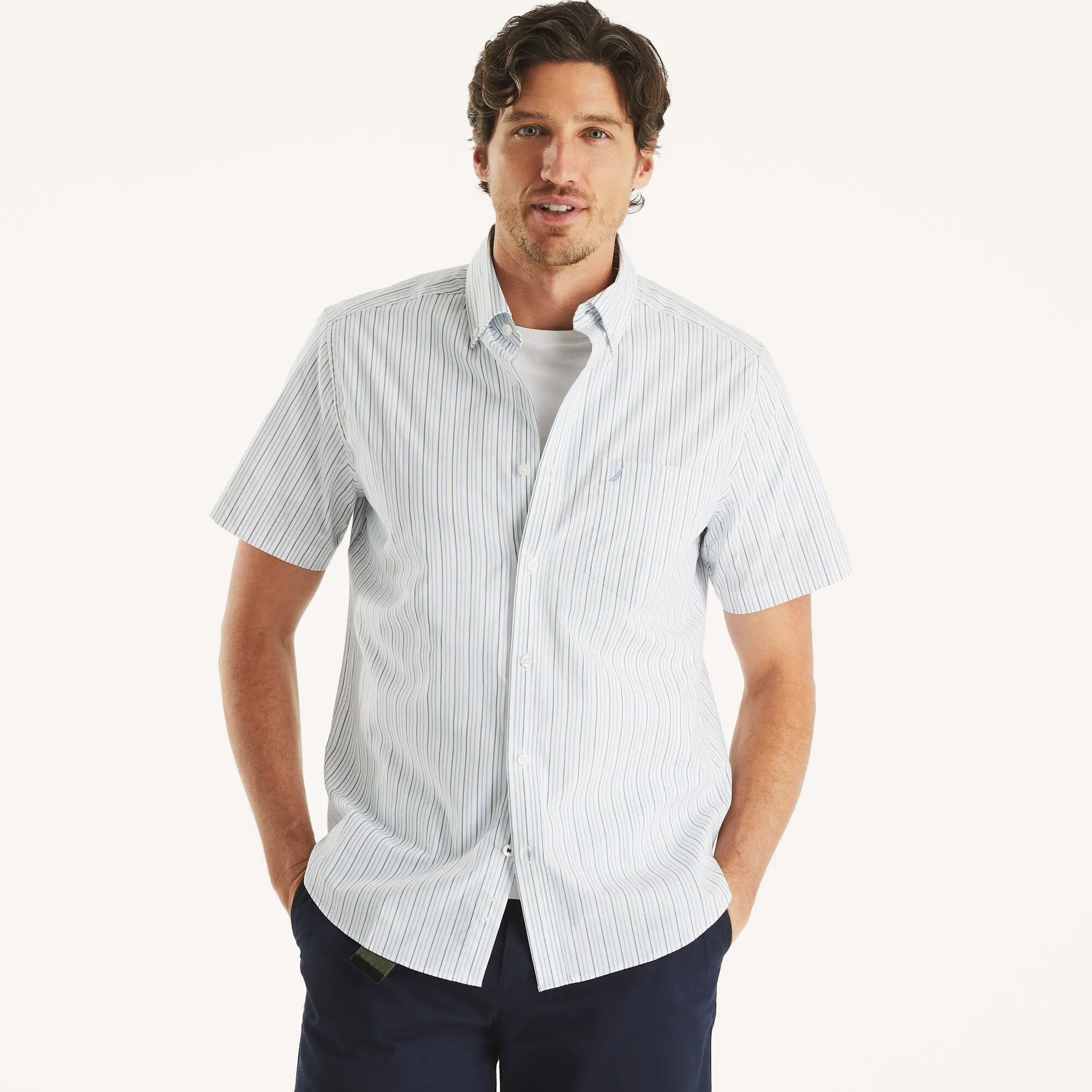 Nautica Mens Wrinkle-Resistant Striped Wear To Work Short-Sleeve Shirt