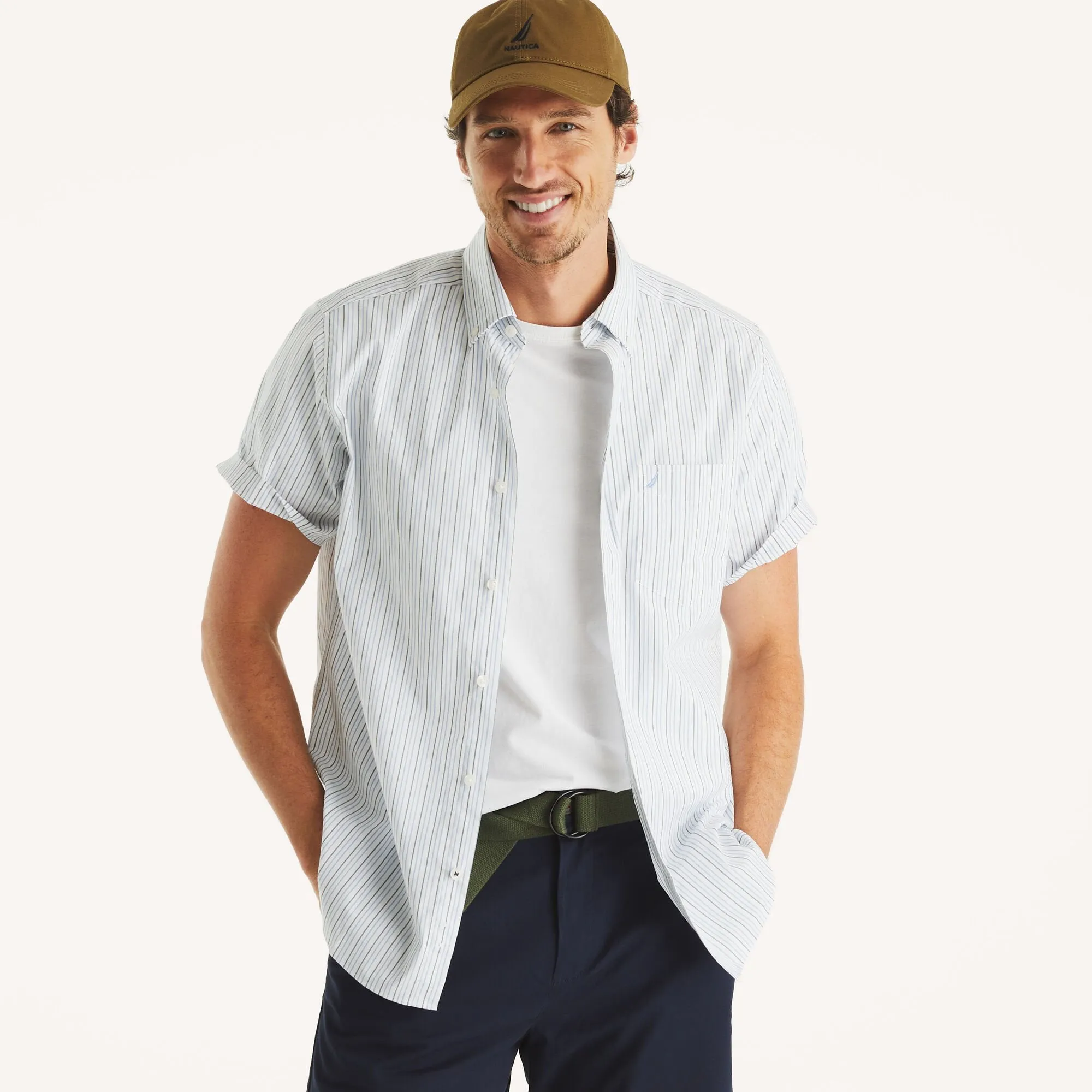 Nautica Mens Wrinkle-Resistant Striped Wear To Work Short-Sleeve Shirt