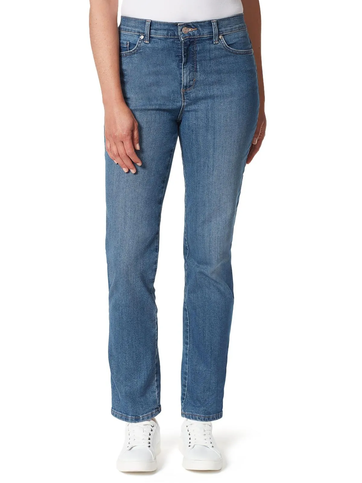 Petites Amanda Womens Classic Rise Medium Wash Tapered Leg Jeans