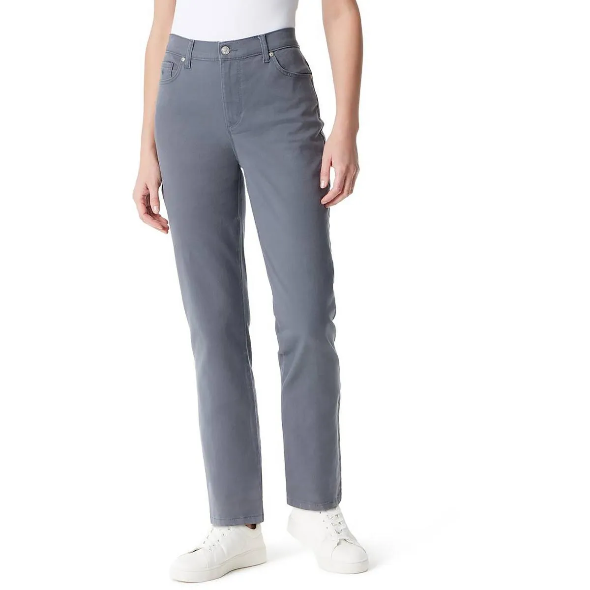 Petites Amanda Womens Classic Rise Medium Wash Tapered Leg Jeans
