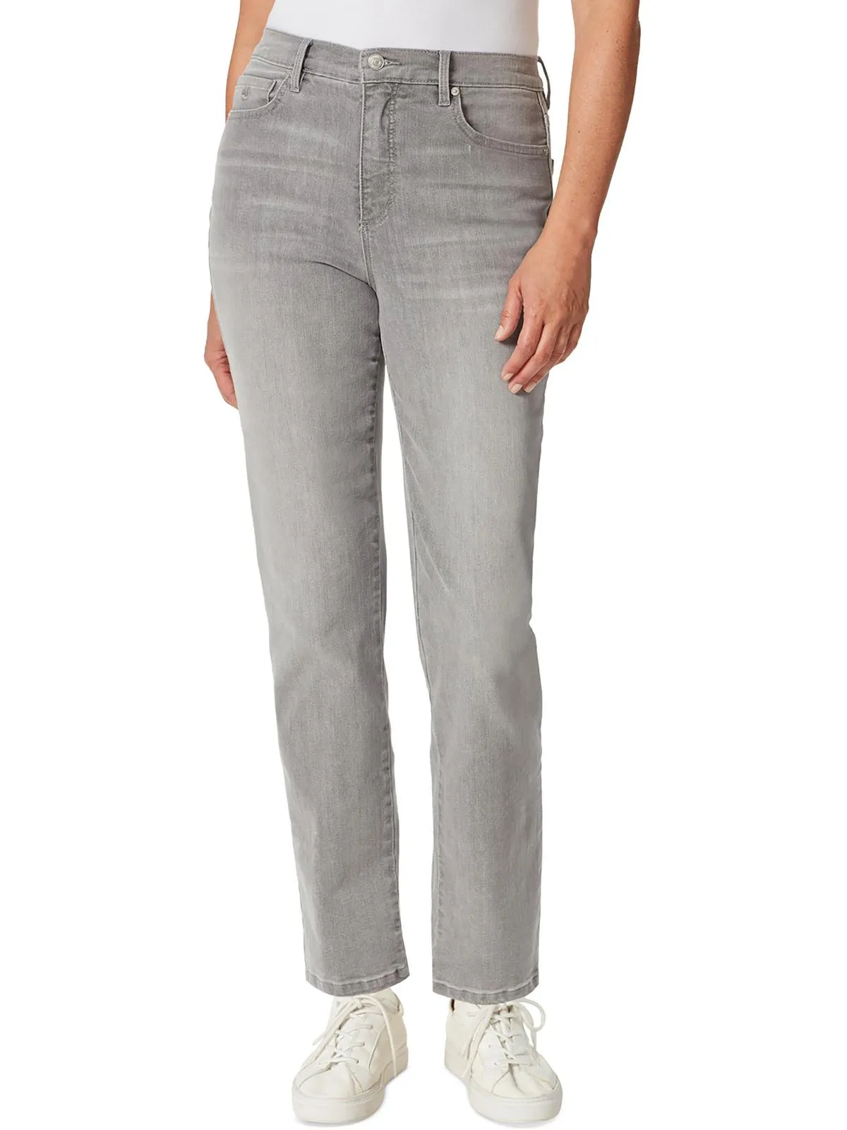Petites Amanda Womens Classic Rise Medium Wash Tapered Leg Jeans