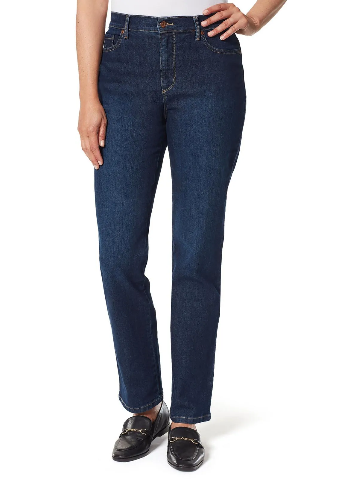 Petites Amanda Womens Classic Rise Medium Wash Tapered Leg Jeans