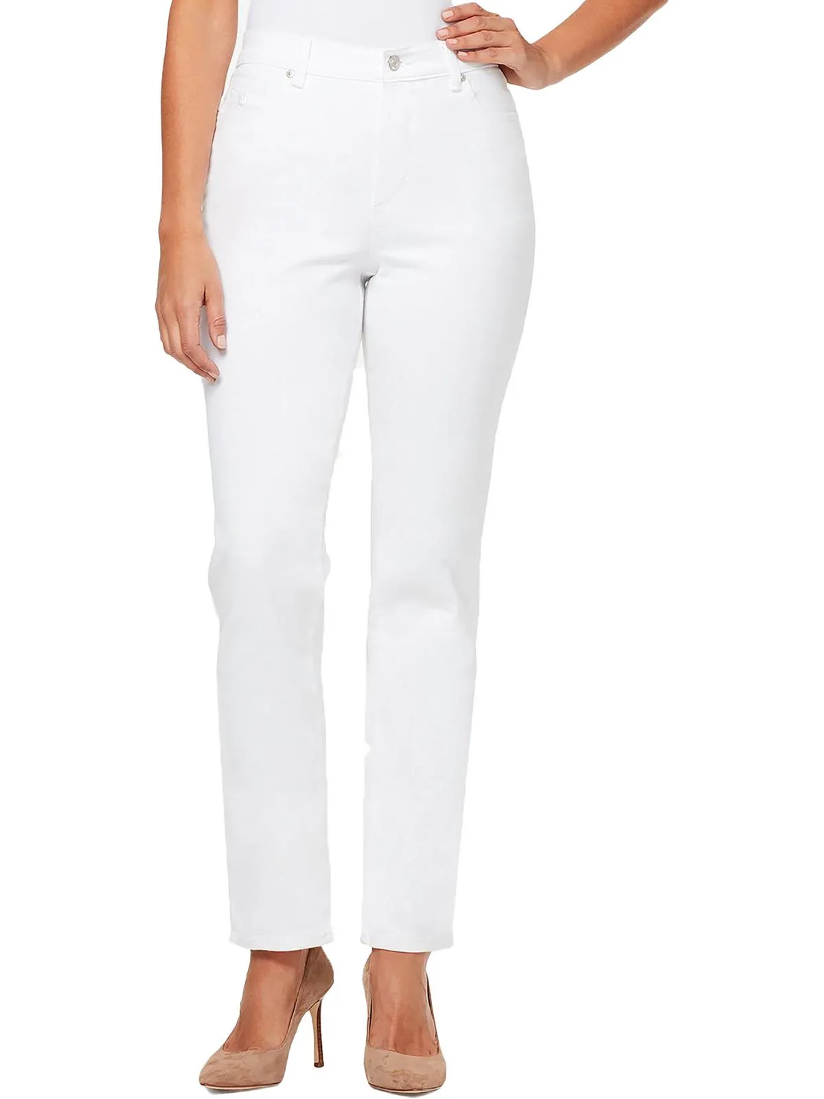 Petites Amanda Womens Classic Rise Medium Wash Tapered Leg Jeans